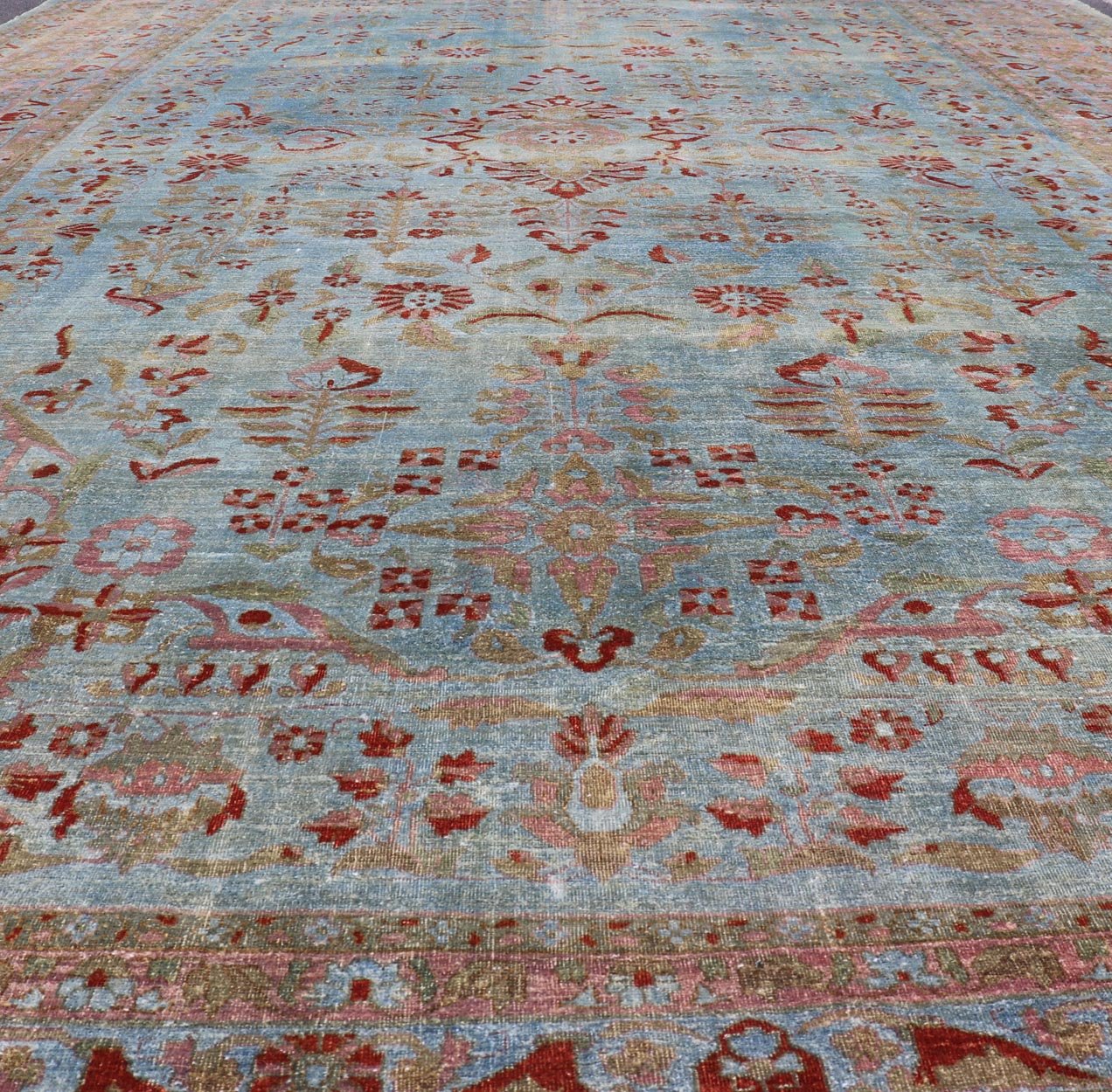 Blue background antique Persian Sarouk rug with red and acid green florals. Keivan Woven Arts / rug L11 - 0305, country of origin / type: Iran / Sarouk Farahan, circa 1910 Measures: 10'11 x 17'2 This outstanding antique Farahan Sarouk carpet (circa... - Keivan Woven ArtsL11 - 0305 - 2573Rug