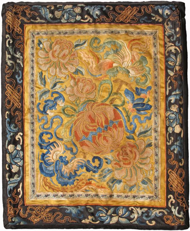 Antique Chinese Silk Tapestry with Flower in Gold and Black. Square - sized antique Small Chinese silk tapestry with flower in gold and black, Keivan Woven Arts/ rug /L11 - 0504, country of origin / type: China / Tapestry, circa 1850 Measures... - Keivan Woven ArtsL11 - 0504 - 2579Rug