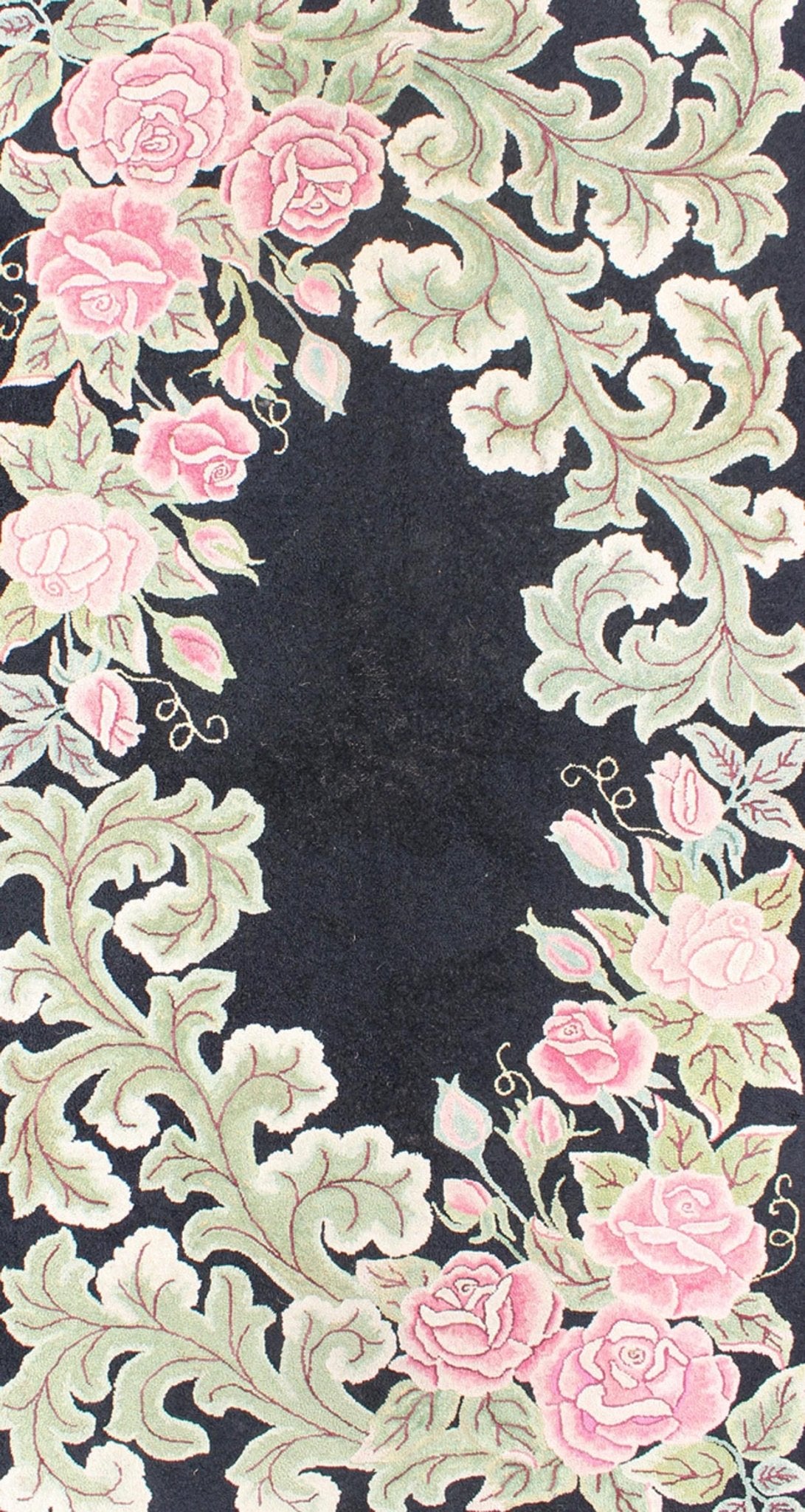 Vintage American Hooked Rug with Large Floral Design on a Black Background. American hooked rug in black background. This beautiful antique American Hook rug sets on black background with large floral medallion. American hooked rug , rug/L11 - 06... - Keivan Woven ArtsL11 - 0605 - 2603Rug