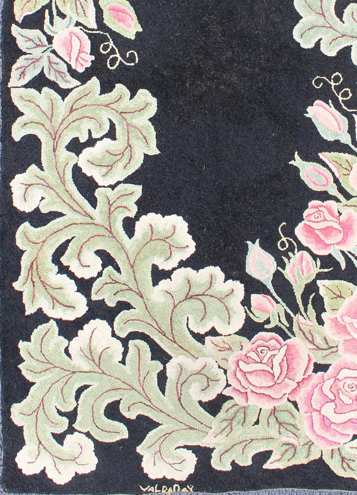 Vintage American Hooked Rug with Large Floral Design on a Black Background. American hooked rug in black background. This beautiful antique American Hook rug sets on black background with large floral medallion. American hooked rug , rug/L11 - 06... - Keivan Woven ArtsL11 - 0605 - 2603Rug