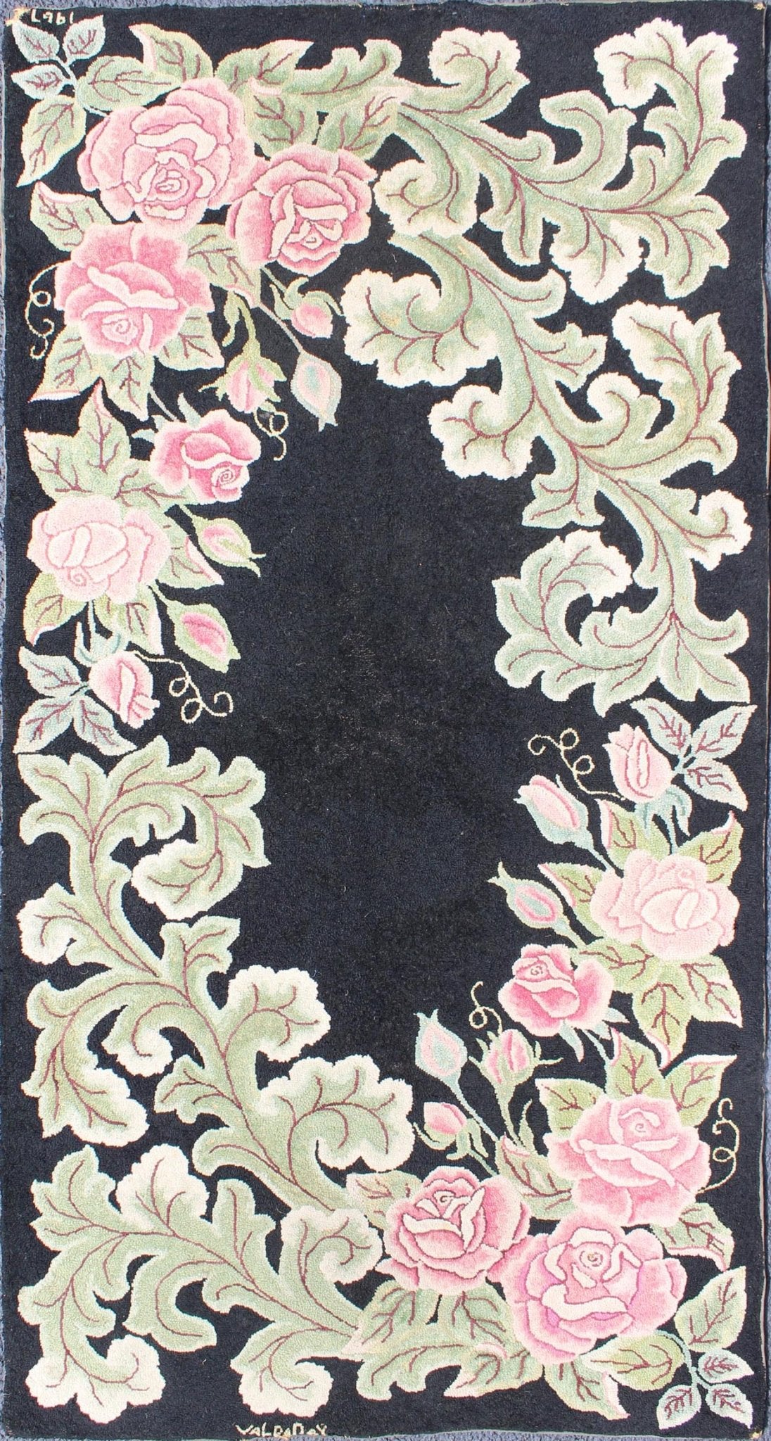 Vintage American Hooked Rug with Large Floral Design on a Black Background. American hooked rug in black background. This beautiful antique American Hook rug sets on black background with large floral medallion. American hooked rug , rug/L11 - 06... - Keivan Woven ArtsL11 - 0605 - 2603Rug
