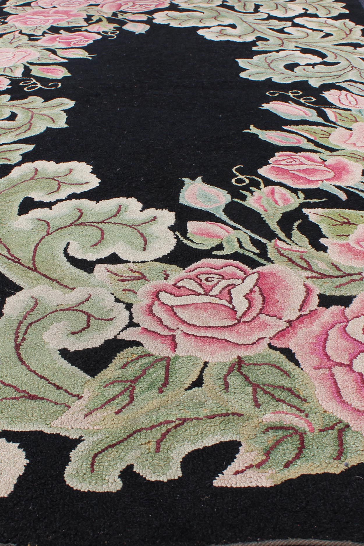 Vintage American Hooked Rug with Large Floral Design on a Black Background. American hooked rug in black background. This beautiful antique American Hook rug sets on black background with large floral medallion. American hooked rug , rug/L11 - 06... - Keivan Woven ArtsL11 - 0605 - 2603Rug