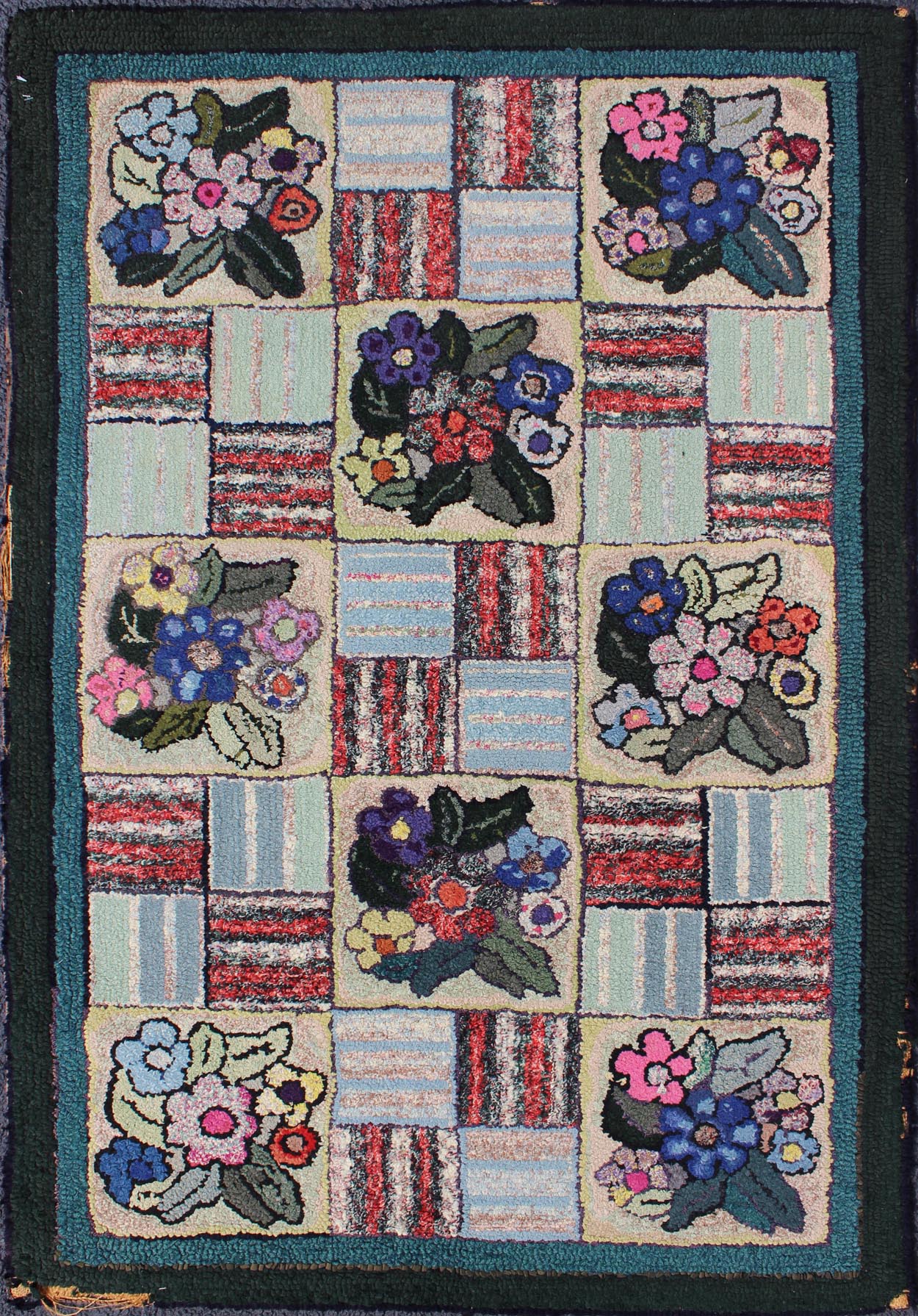 Checkerboard Vintage American Hooked Rug with Geometric and Floral Designs Checkerboard vintage American hooked rug with floral designs, Keivan Woven Arts / rug L11 - 0606, country of origin / type: United States / Hooked, circa 1930 Ingeni... - Keivan Woven ArtsL11 - 0606 - 2607Rug