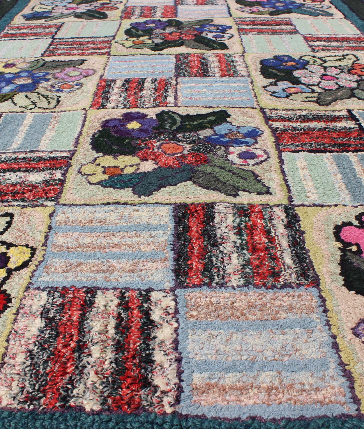 Checkerboard Vintage American Hooked Rug with Geometric and Floral Designs Checkerboard vintage American hooked rug with floral designs, Keivan Woven Arts / rug L11 - 0606, country of origin / type: United States / Hooked, circa 1930 Ingeni... - Keivan Woven ArtsL11 - 0606 - 2607Rug