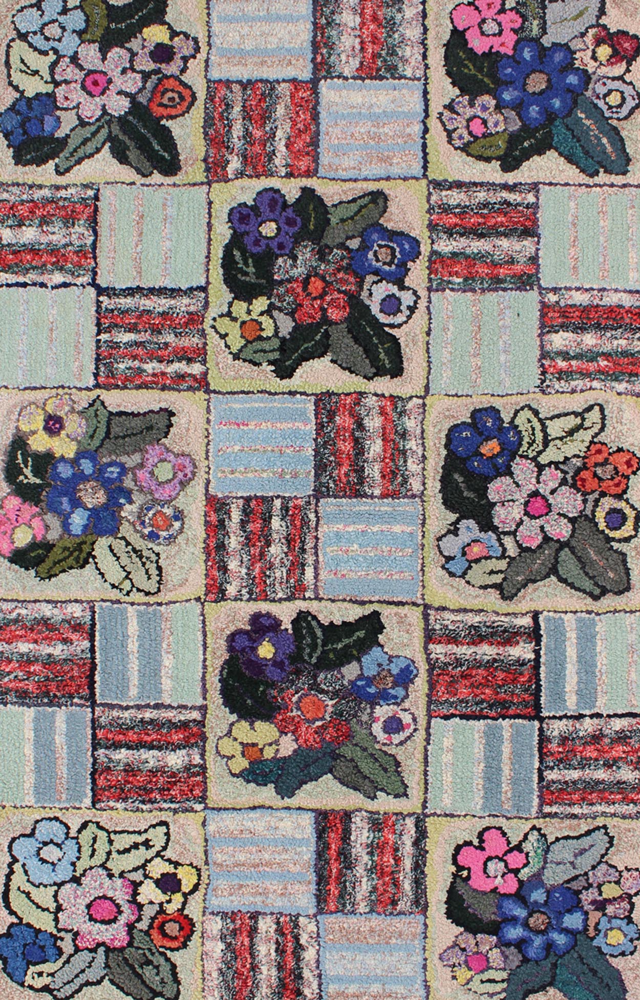 Checkerboard Vintage American Hooked Rug with Geometric and Floral Designs Checkerboard vintage American hooked rug with floral designs, Keivan Woven Arts / rug L11 - 0606, country of origin / type: United States / Hooked, circa 1930 Ingeni... - Keivan Woven ArtsL11 - 0606 - 2607Rug
