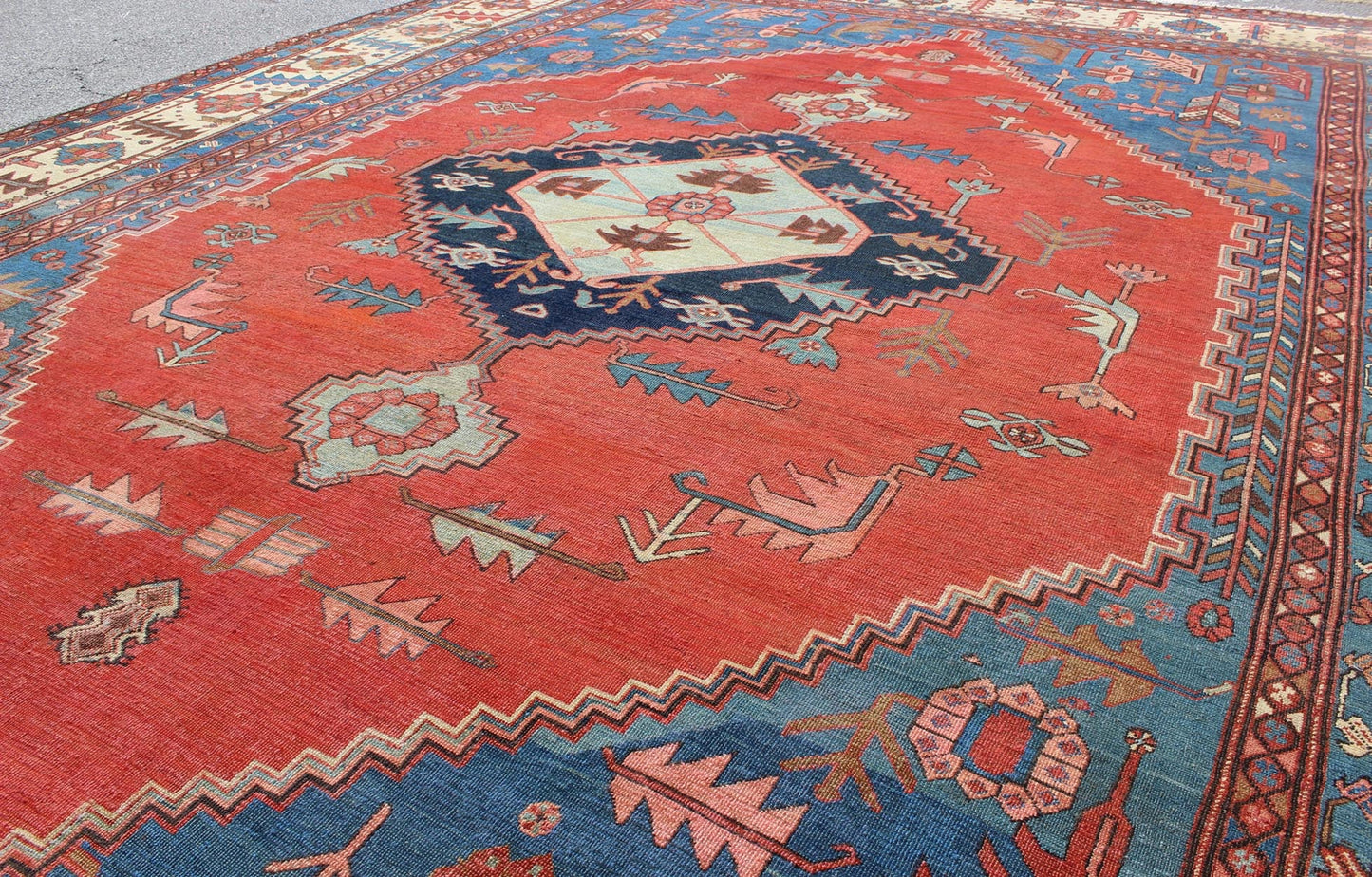 Antique Persian large Bakshaish Serapirug in brick red, royal blue and ivory. Keivan Woven Arts / rug L11 - 0608, country of origin / type: Iran / Bakshaish Serapi, circa 1880. Measures: 11'7 x 15'2. Crafted in the Azarbijan district of northwest P... - Keivan Woven ArtsL11 - 0608 - 2615Rug