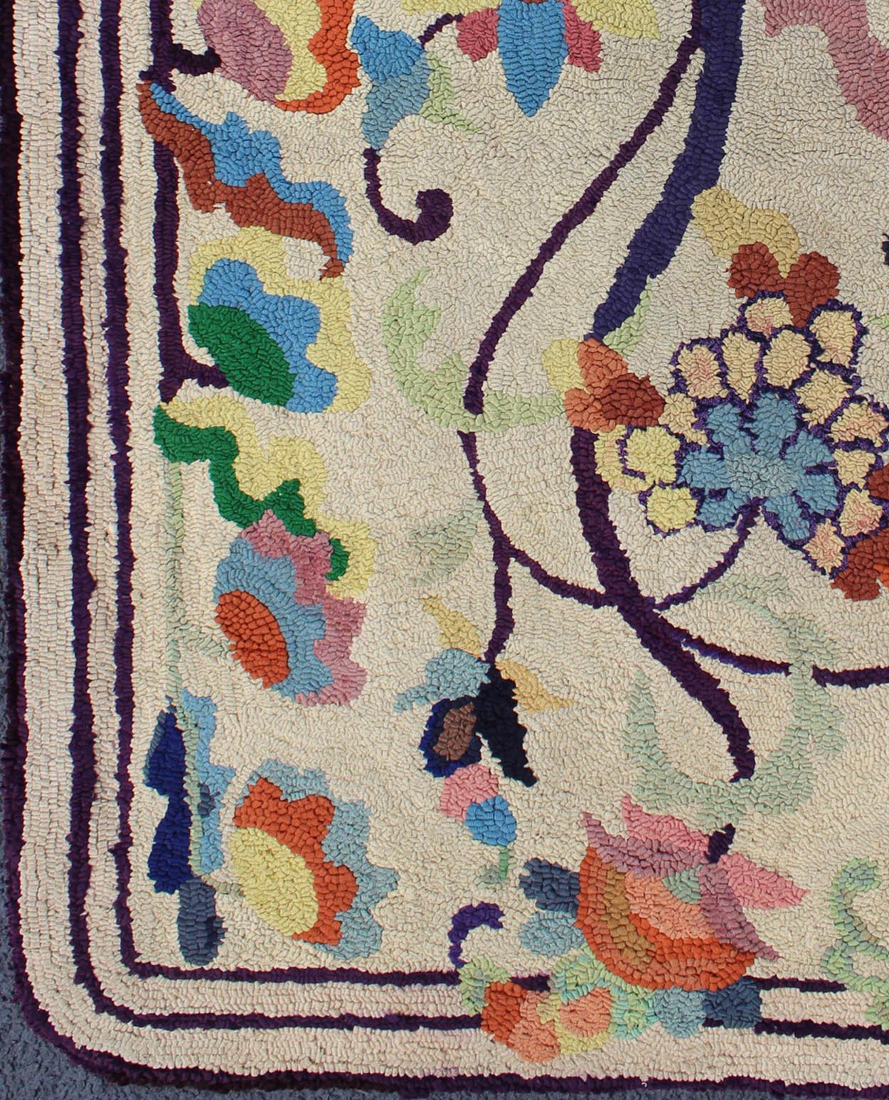 Colorful vintage American hooked rug with branching rainbow - colored flowers, Keivan Woven Arts / rug L11 - 0902, country of origin / type: United States / Hooked, circa 1930 This colorful vintage American Hooked rug depicts a variety of vining flo... - Keivan Woven ArtsL11 - 0902 - 2673Rug