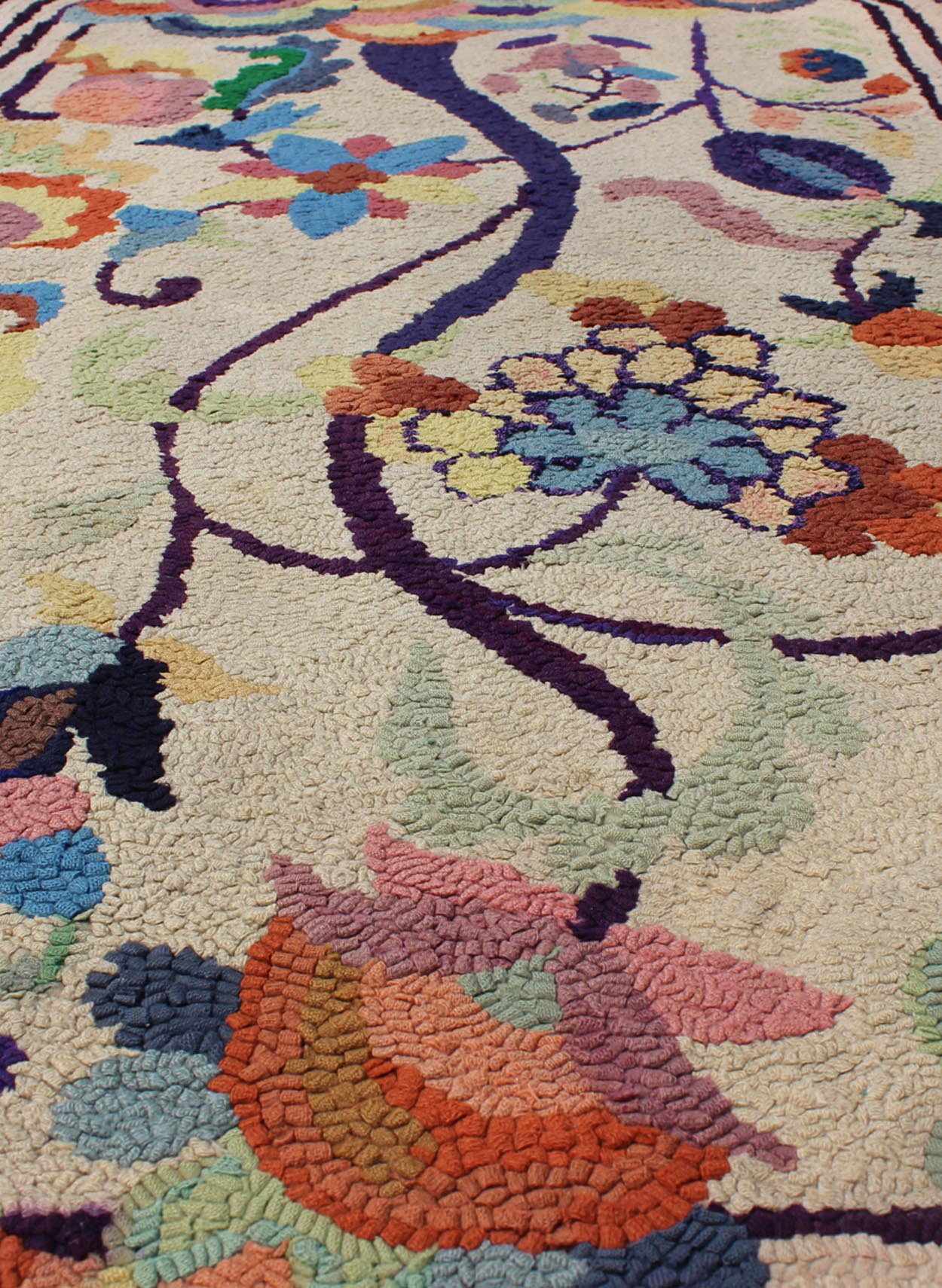 Colorful vintage American hooked rug with branching rainbow - colored flowers, Keivan Woven Arts / rug L11 - 0902, country of origin / type: United States / Hooked, circa 1930 This colorful vintage American Hooked rug depicts a variety of vining flo... - Keivan Woven ArtsL11 - 0902 - 2673Rug
