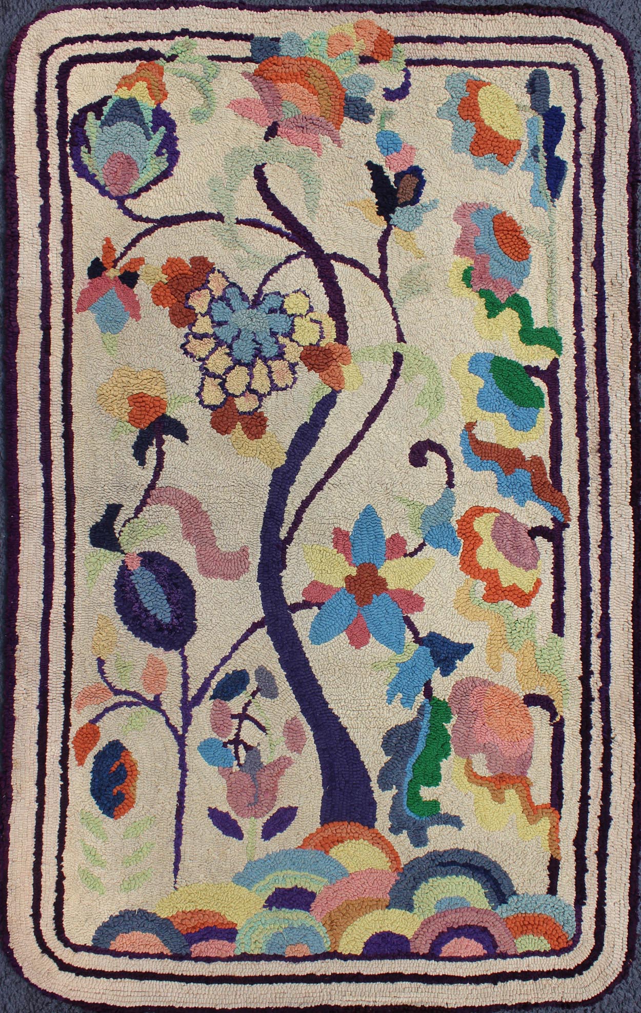 Colorful vintage American hooked rug with branching rainbow - colored flowers, Keivan Woven Arts / rug L11 - 0902, country of origin / type: United States / Hooked, circa 1930 This colorful vintage American Hooked rug depicts a variety of vining flo... - Keivan Woven ArtsL11 - 0902 - 2673Rug