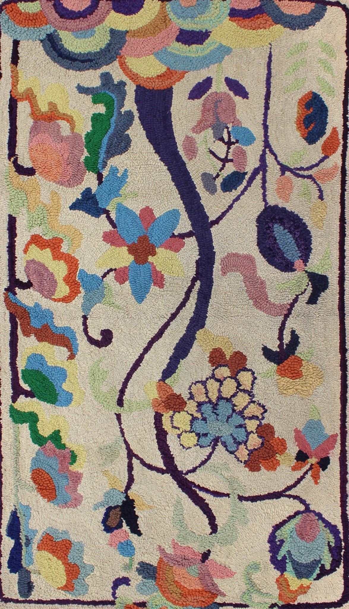 Colorful vintage American hooked rug with branching rainbow - colored flowers, Keivan Woven Arts / rug L11 - 0902, country of origin / type: United States / Hooked, circa 1930 This colorful vintage American Hooked rug depicts a variety of vining flo... - Keivan Woven ArtsL11 - 0902 - 2673Rug