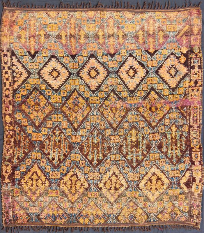 Vintage Square Moroccan Beni Ouarain In Earthy Tones With Pops of Blue and Gold Measures: 7'9'' x 8'4''. This piece is a thick and lush vintage tribal Moroccan carpet which originated from the northern Middle Atlas mountains. The weavers of t... - Keivan Woven ArtsLCB - 136638 - 7329Rug