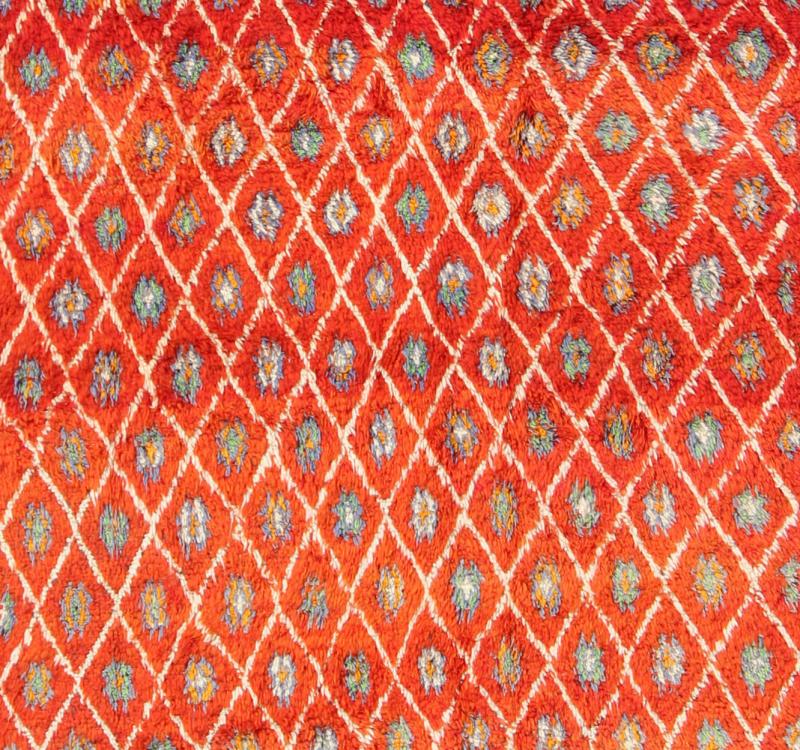 Orange and Red Background Vintage Moroccan Rug with All - Over Diamond Pattern Measures: 6'9'' x 9'0''. This Moroccan rug has an all - over diamond geometric pattern with ivory outlines, set on a field shaded with orange and red. The border featu... - Keivan Woven ArtsLCB - 136641 - 7333Rug