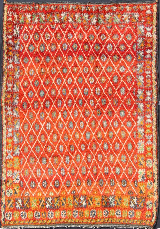 Orange and Red Background Vintage Moroccan Rug with All - Over Diamond Pattern Measures: 6'9'' x 9'0''. This Moroccan rug has an all - over diamond geometric pattern with ivory outlines, set on a field shaded with orange and red. The border featu... - Keivan Woven ArtsLCB - 136641 - 7333Rug