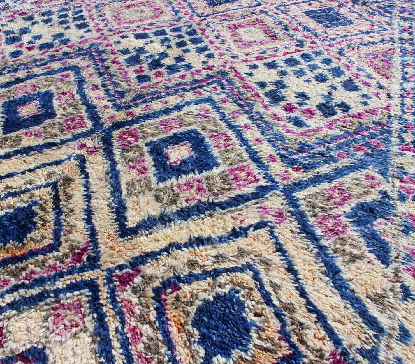 Vintage Blue Hand Knotted Moroccan Rug With All - Over Diamond Design Keivan Woven Arts Tribal design vintage Moroccan rug in blue, red, ivory, rug LCB - 18 - 113, country of origin / type: Morocco / Tribal, circa 1940. This unique vinta... - Keivan Woven ArtsLCB - 18 - 113 - 9599Rug