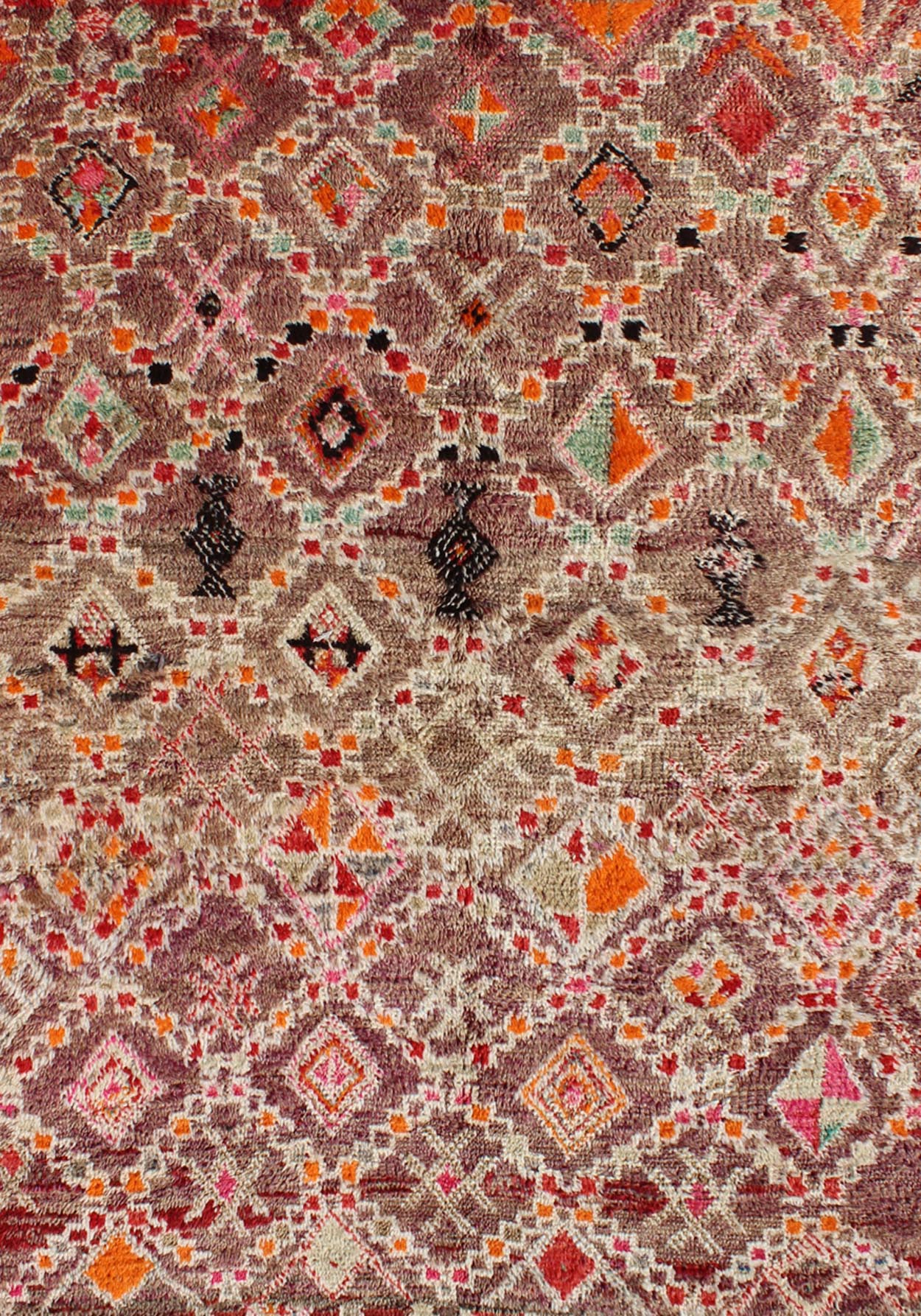 Tribal Design Vintage Hand Knotted Moroccan Rug in Orange, Red, Green, and Lt Brown Tribal design vintage Moroccan rug in red, orange, green, brown, Keivan Woven Arts / rug LCB - 18 - 88, country of origin / type: Morocco / Tribal, circa 1940. ... - Keivan Woven ArtsLCB - 18 - 88 - 9595Rug