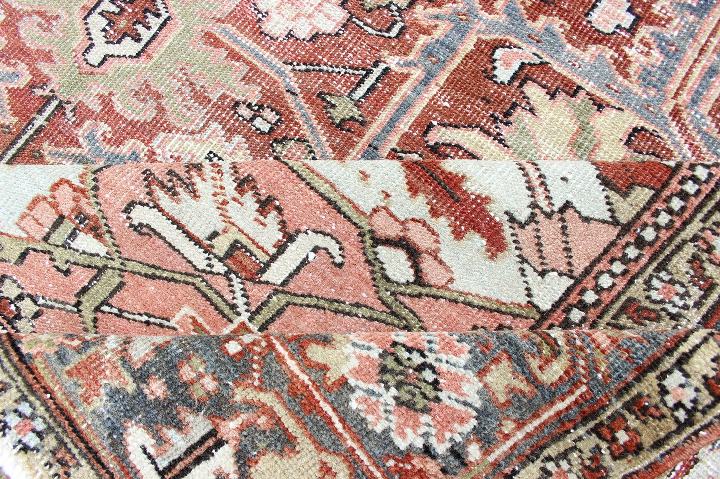 Persian Antique Heriz in Soft Red, Gray Blue, Pale Green & Geometric Design. Measures: 7'6 x 10'8 Gray blue, soft green, soft red Persian Heriz with geometric medallion design,rug M14 - 0513, country of origin / type: Iran / Heriz, circa ... - Keivan Woven ArtsM14 - 0513 - 5393Rug