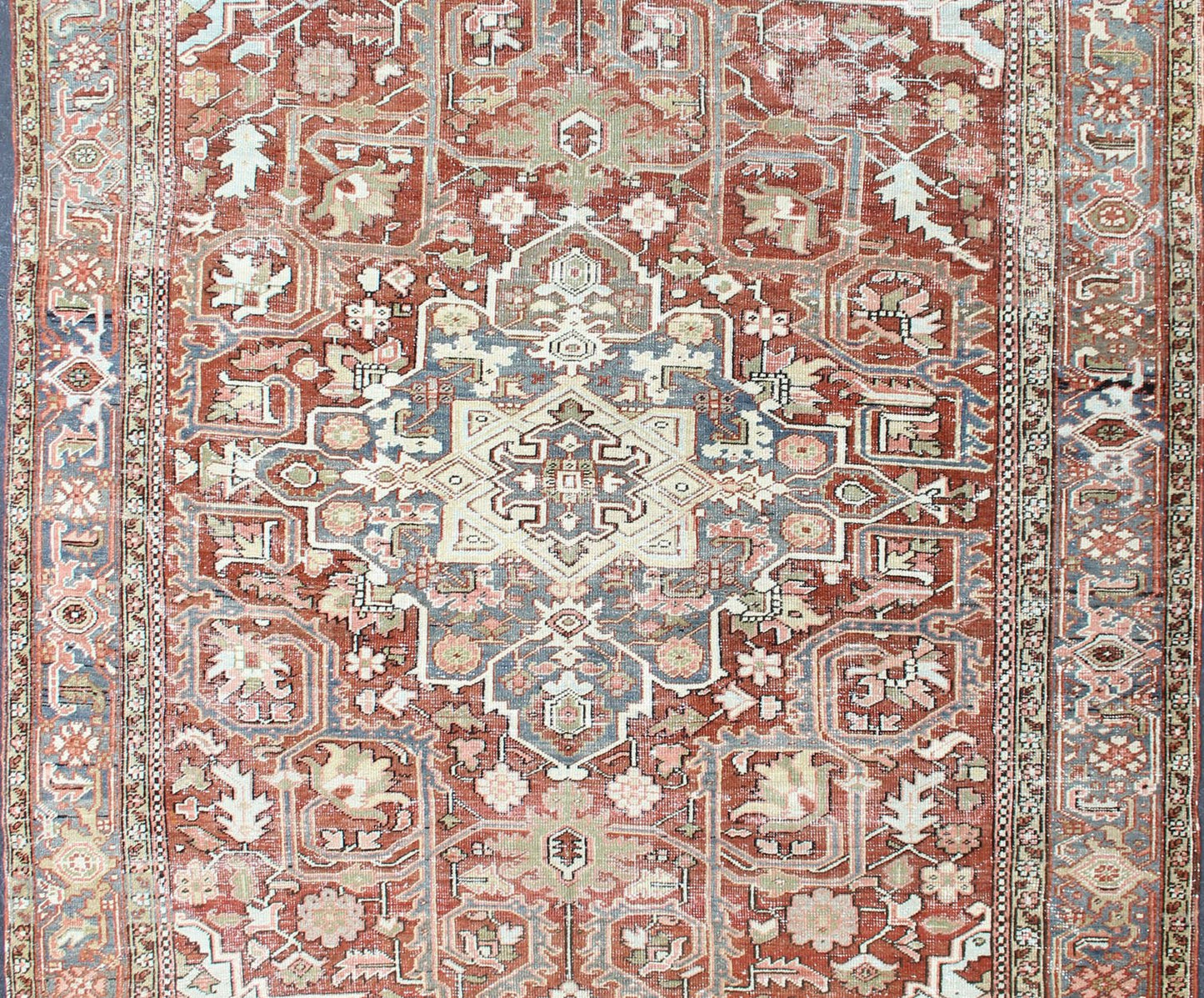 Persian Antique Heriz in Soft Red, Gray Blue, Pale Green & Geometric Design. Measures: 7'6 x 10'8 Gray blue, soft green, soft red Persian Heriz with geometric medallion design,rug M14 - 0513, country of origin / type: Iran / Heriz, circa ... - Keivan Woven ArtsM14 - 0513 - 5393Rug