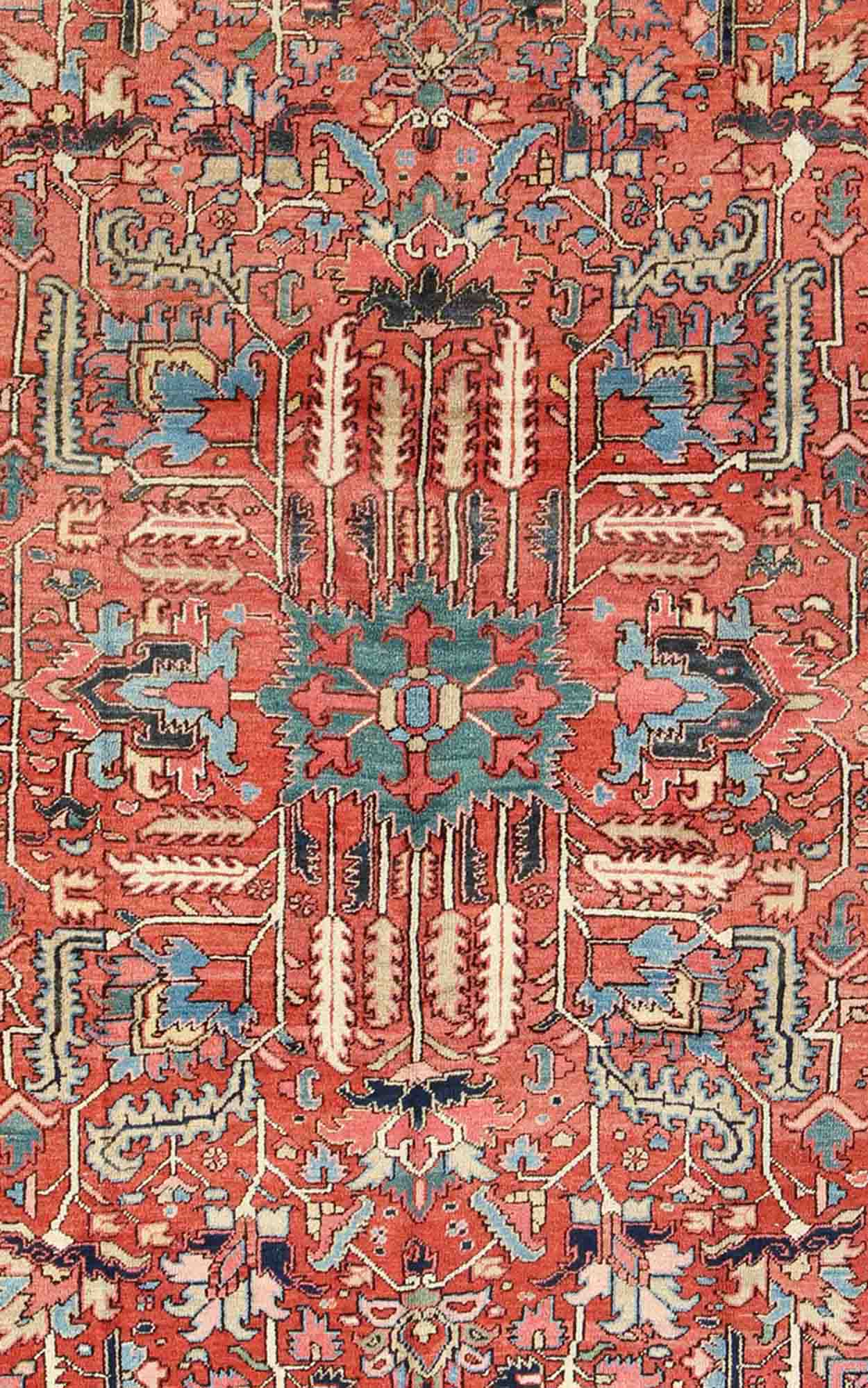 Antique All Over Serapi Goravan Rug in Soft Red, Yellow, L. Blue, Teal & L. Green Antique All Over Serapi Goravan Rug with geometric motifs, Keivan Woven Arts/rug/ M14 - 0806, country of origin / type: Iran / Serapi, Goravan, Heriz, circa 1900 ... - Keivan Woven ArtsM14 - 0806 - 5944Rug