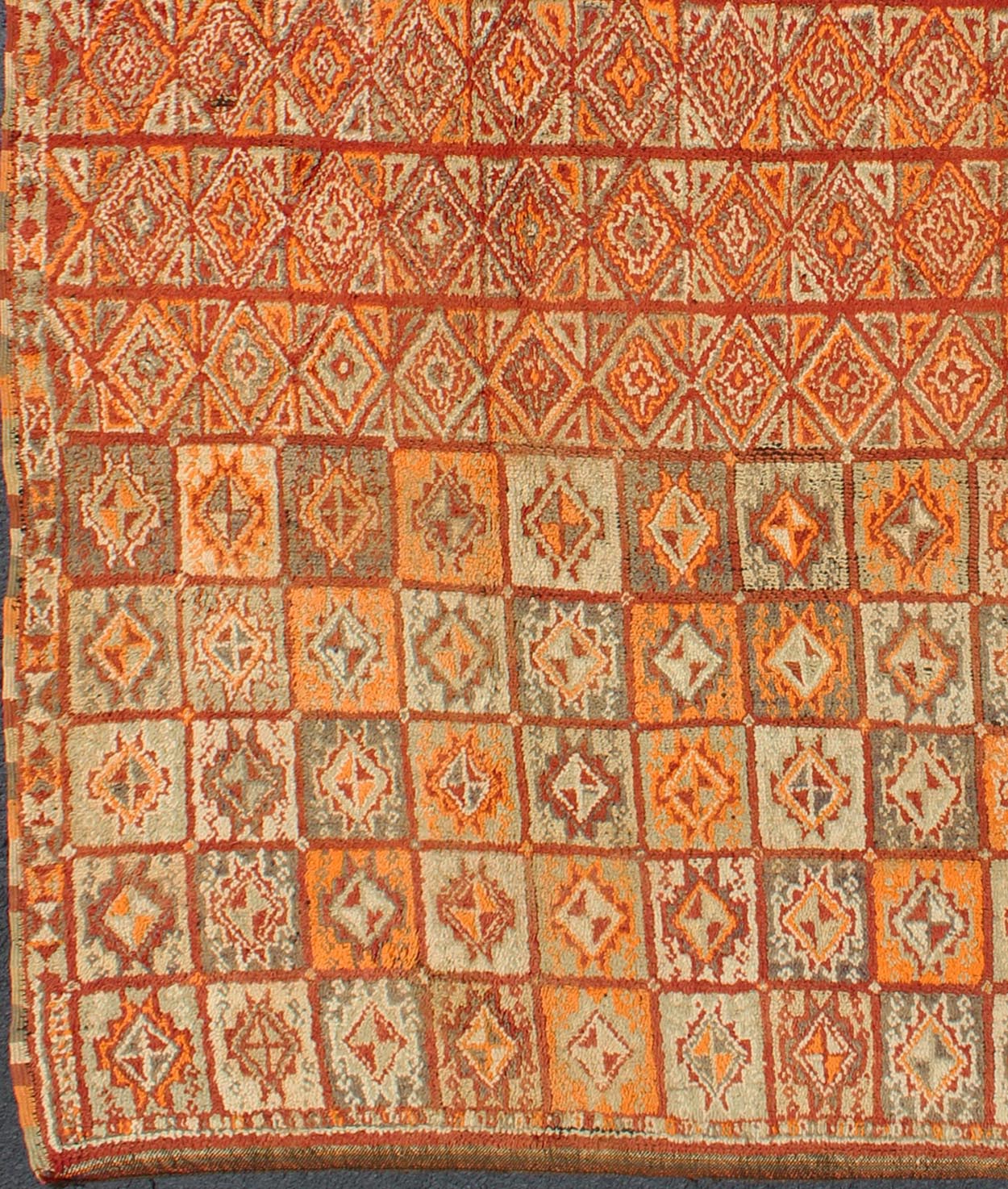 Vintage Moroccan Rug in Autumn Colors, Red, Pumpkin, Orange and Light Green Vintage Moroccan Rug in Autumn Colors, Red, Pumpkin, Orange and Light Green This colorful Moroccan rug boasts a grid of geometric designs and a multitude of Fall like... - Keivan Woven ArtsM14 - 0906 - 6292Rug