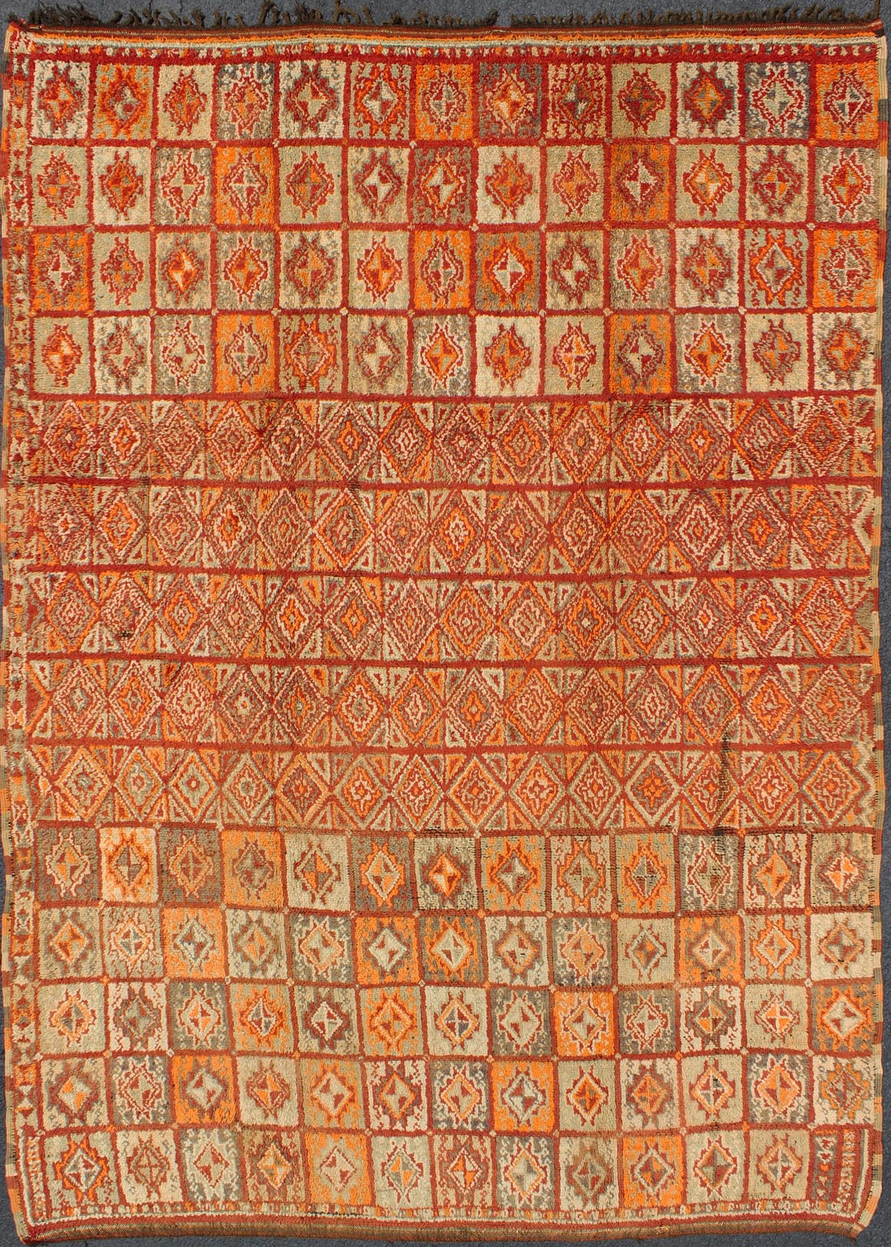 Vintage Moroccan Rug in Autumn Colors, Red, Pumpkin, Orange and Light Green Vintage Moroccan Rug in Autumn Colors, Red, Pumpkin, Orange and Light Green This colorful Moroccan rug boasts a grid of geometric designs and a multitude of Fall like... - Keivan Woven ArtsM14 - 0906 - 6292Rug