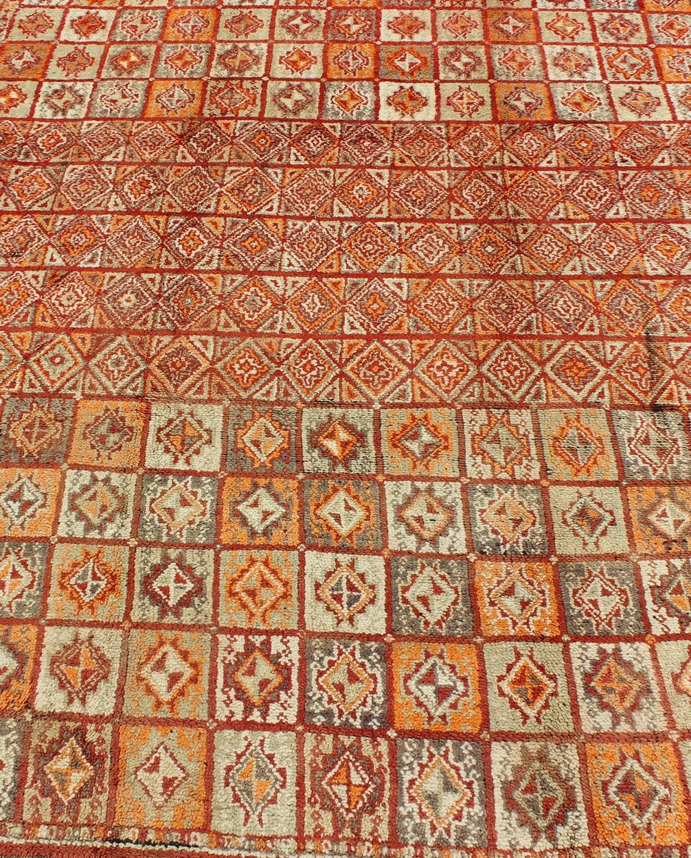 Vintage Moroccan Rug in Autumn Colors, Red, Pumpkin, Orange and Light Green Vintage Moroccan Rug in Autumn Colors, Red, Pumpkin, Orange and Light Green This colorful Moroccan rug boasts a grid of geometric designs and a multitude of Fall like... - Keivan Woven ArtsM14 - 0906 - 6292Rug