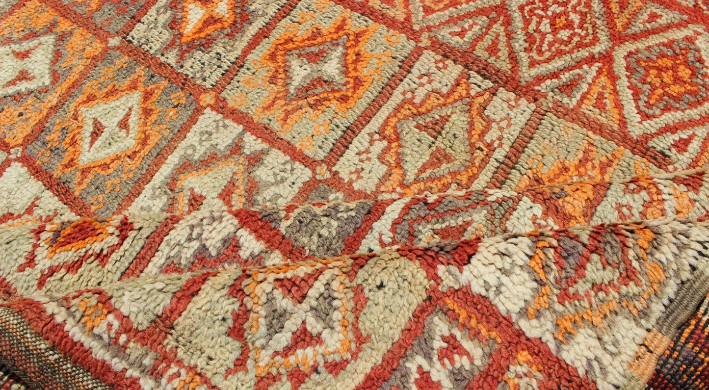 Vintage Moroccan Rug in Autumn Colors, Red, Pumpkin, Orange and Light Green Vintage Moroccan Rug in Autumn Colors, Red, Pumpkin, Orange and Light Green This colorful Moroccan rug boasts a grid of geometric designs and a multitude of Fall like... - Keivan Woven ArtsM14 - 0906 - 6292Rug