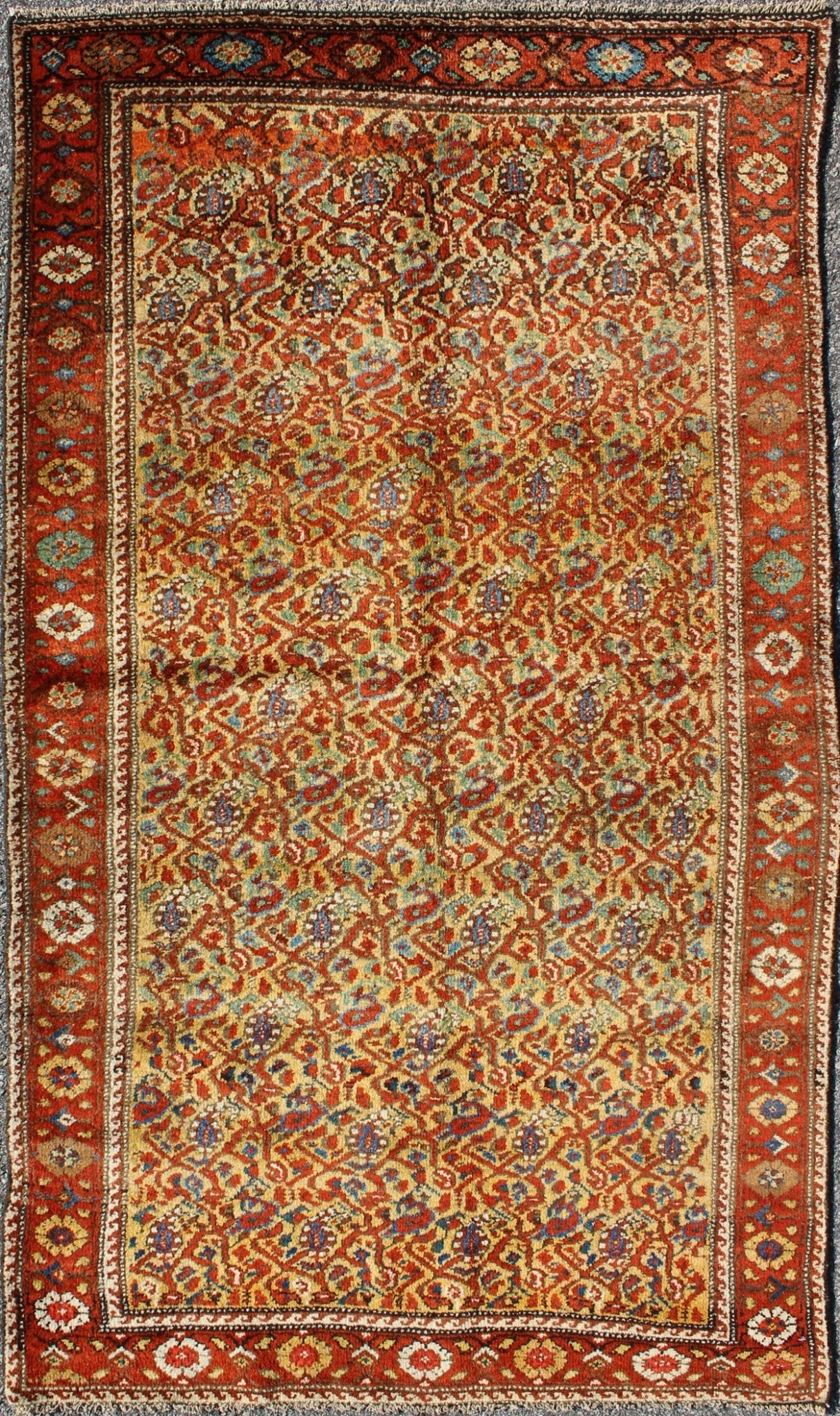 Unique Antique Serab Rug with Saffron Yellow Background and leafs / Paisley Pattern, rug M14 - 1005, country of origin / type: Iran / Tabriz, circa 1920 This all - over Persian Serab carpet (circa 1900) has a cream / yellow background and a red bord... - Keivan Woven ArtsM14 - 1005 - 6266Rug