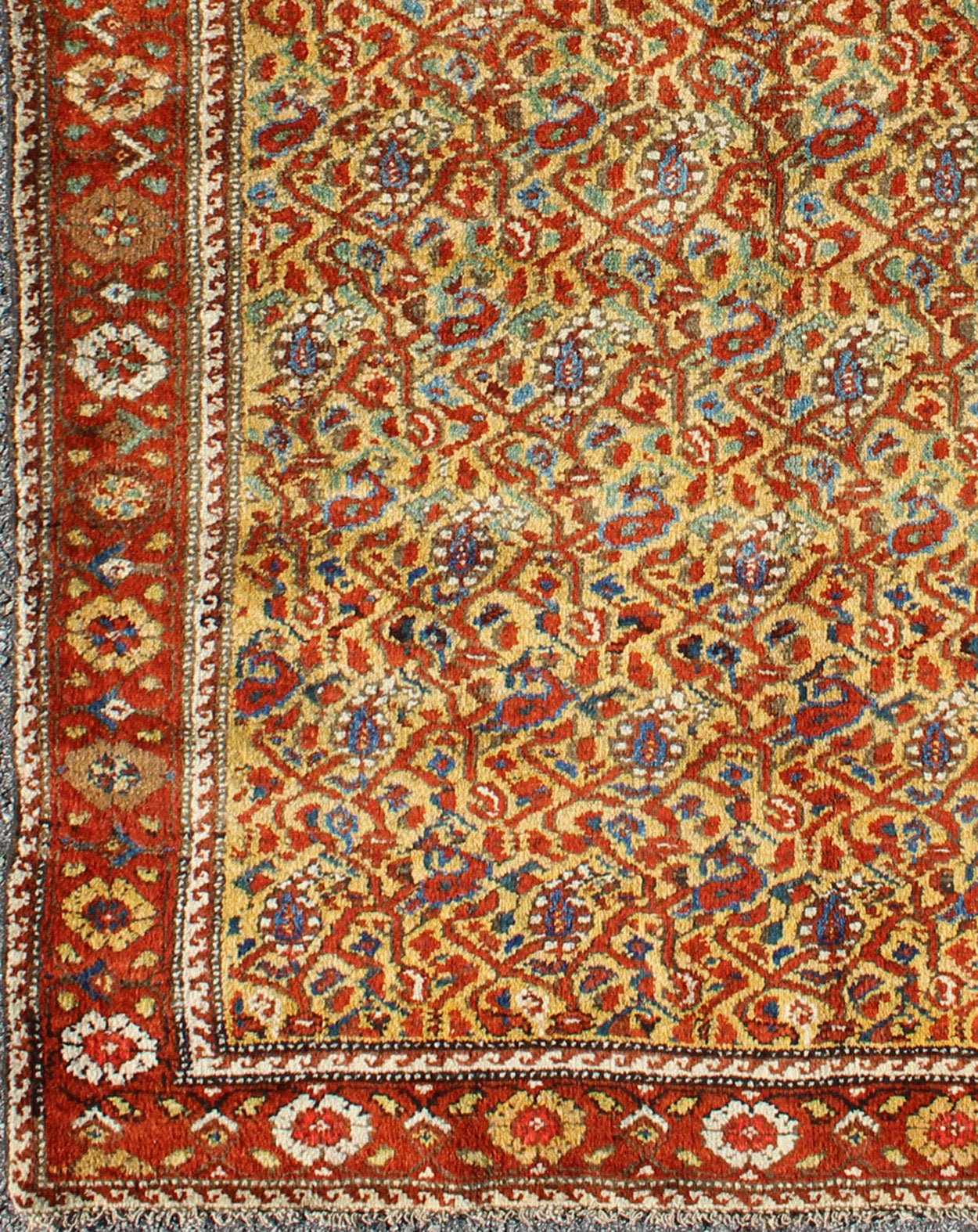 Unique Antique Serab Rug with Saffron Yellow Background and leafs / Paisley Pattern, rug M14 - 1005, country of origin / type: Iran / Tabriz, circa 1920 This all - over Persian Serab carpet (circa 1900) has a cream / yellow background and a red bord... - Keivan Woven ArtsM14 - 1005 - 6266Rug