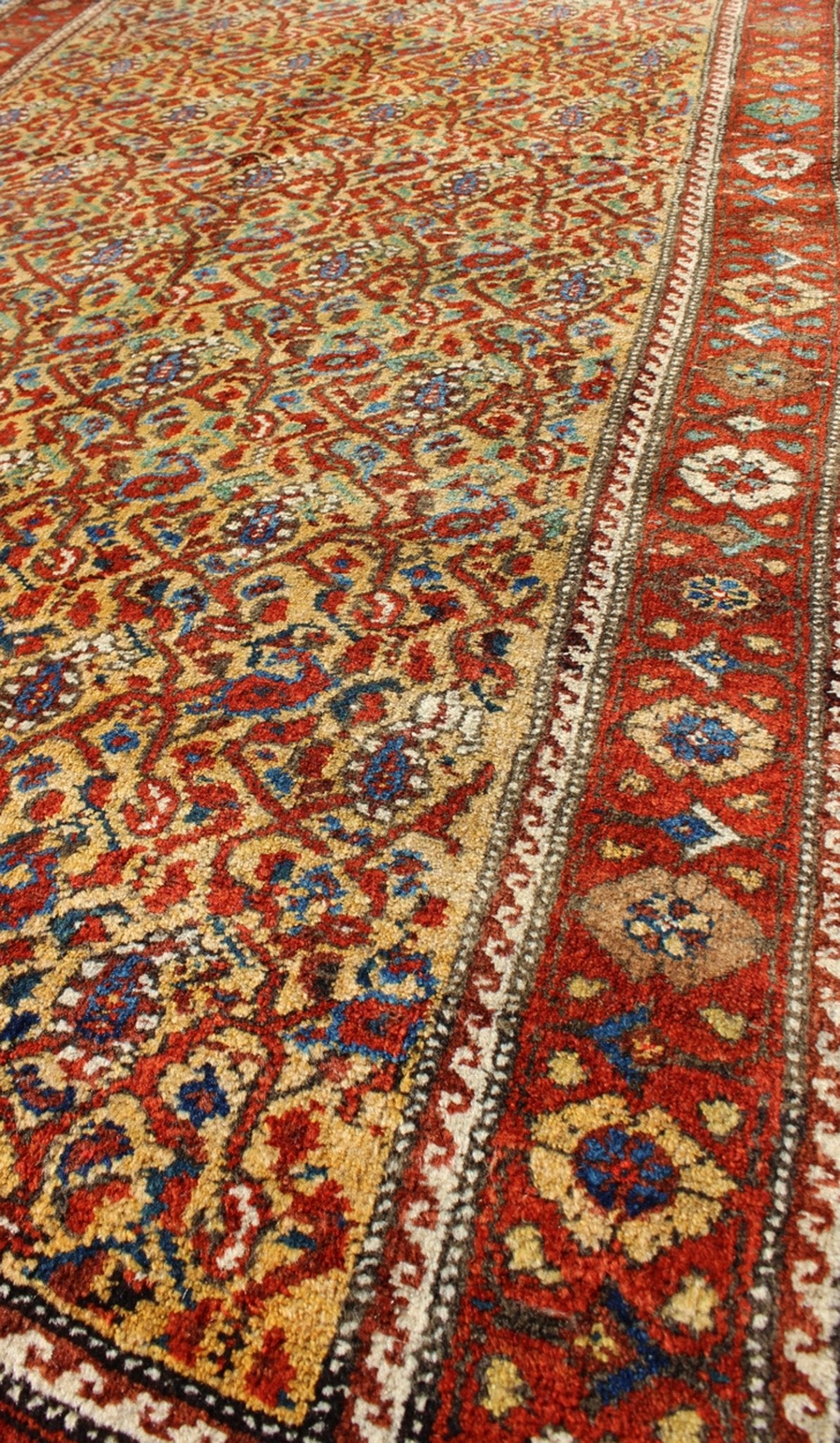 Unique Antique Serab Rug with Saffron Yellow Background and leafs / Paisley Pattern, rug M14 - 1005, country of origin / type: Iran / Tabriz, circa 1920 This all - over Persian Serab carpet (circa 1900) has a cream / yellow background and a red bord... - Keivan Woven ArtsM14 - 1005 - 6266Rug