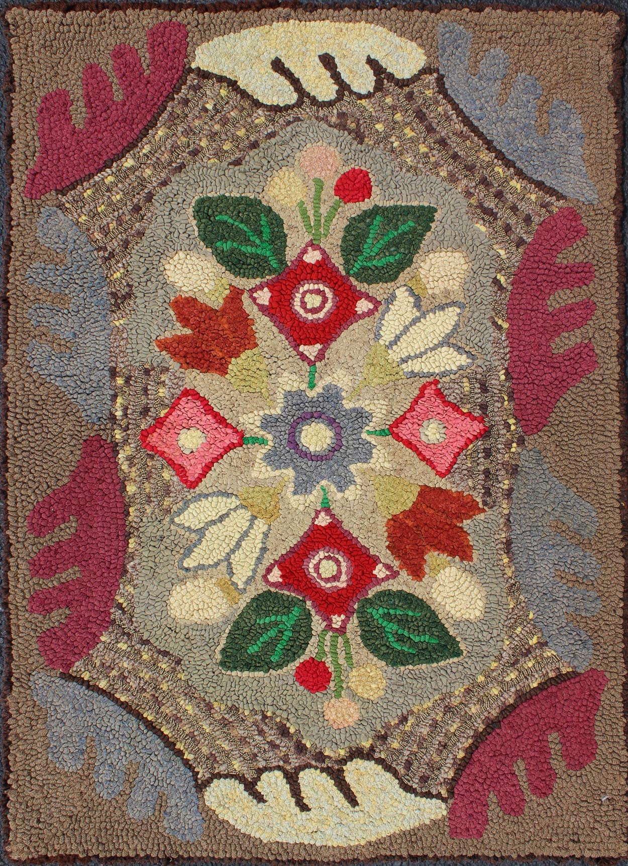 Antique American Hooked Floral Rug with Multi Colors Light Brown, Green, Yellow. Colorful and gorgeous American hooked rug with gray soft red, rose, green, light brown, lavender, green, and yellow flowers, rug M14 - 1202, country of origin / type:... - Keivan Woven ArtsM14 - 1202 - 6428Rug