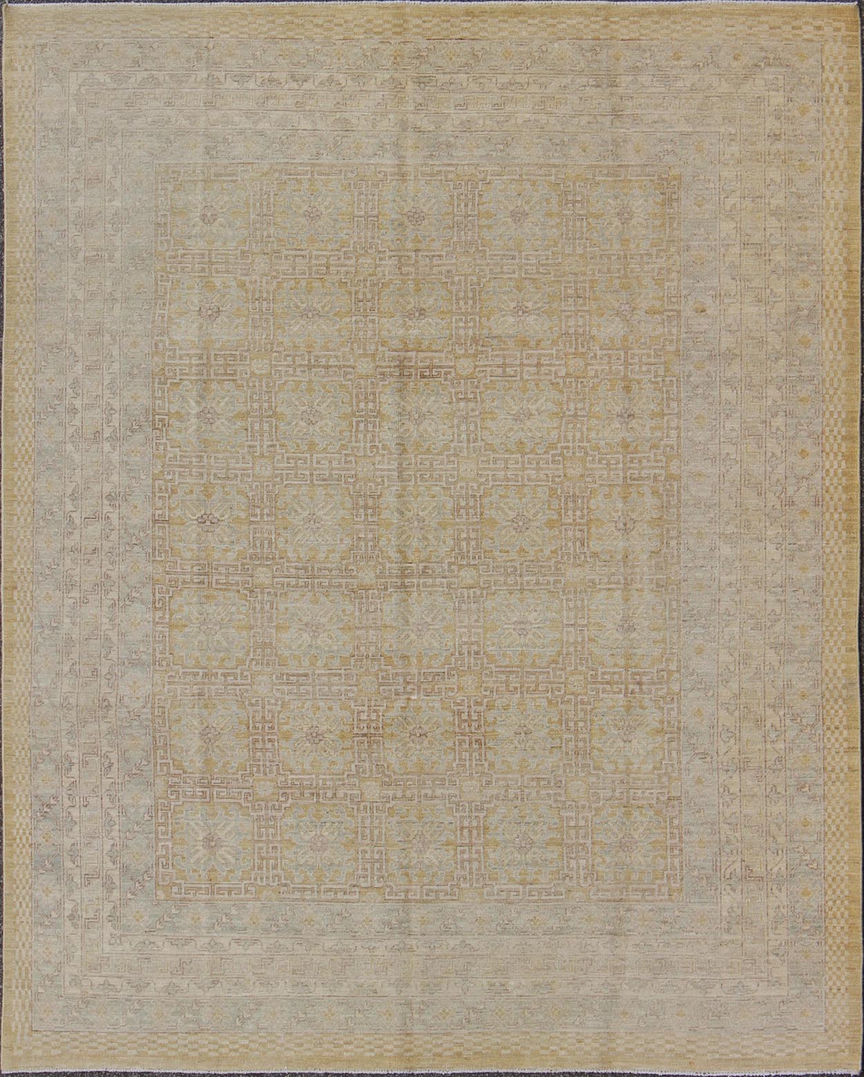 Khotan Style Rug with All - Over Pattern in Gold, Light Brown, Yellow Green, Gray. Measures: 8' x 9'8. Light Khotan color rug with geometric all over Medallions, rug MP - 1301 - 368, country of origin / type: Afghanistan / Khotan This K... - Keivan Woven ArtsMP - 1301 - 368 - 3966Rug