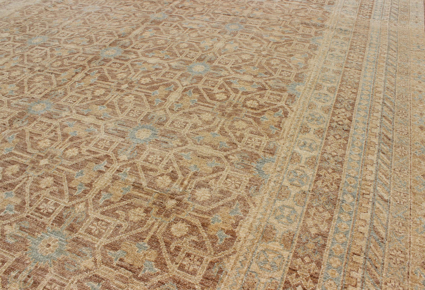 Khotan Design Rug with All - Over Geometric Pattern in Light Brown, Butter & Blue. Light Brown Background, light blue, butter accent and neutral colors Khotan design rug with geometric all over intricate Medallions, rug/MP - 1411 - 2157 country of ori... - Keivan Woven ArtsMP - 1411 - 2157 - 6125
