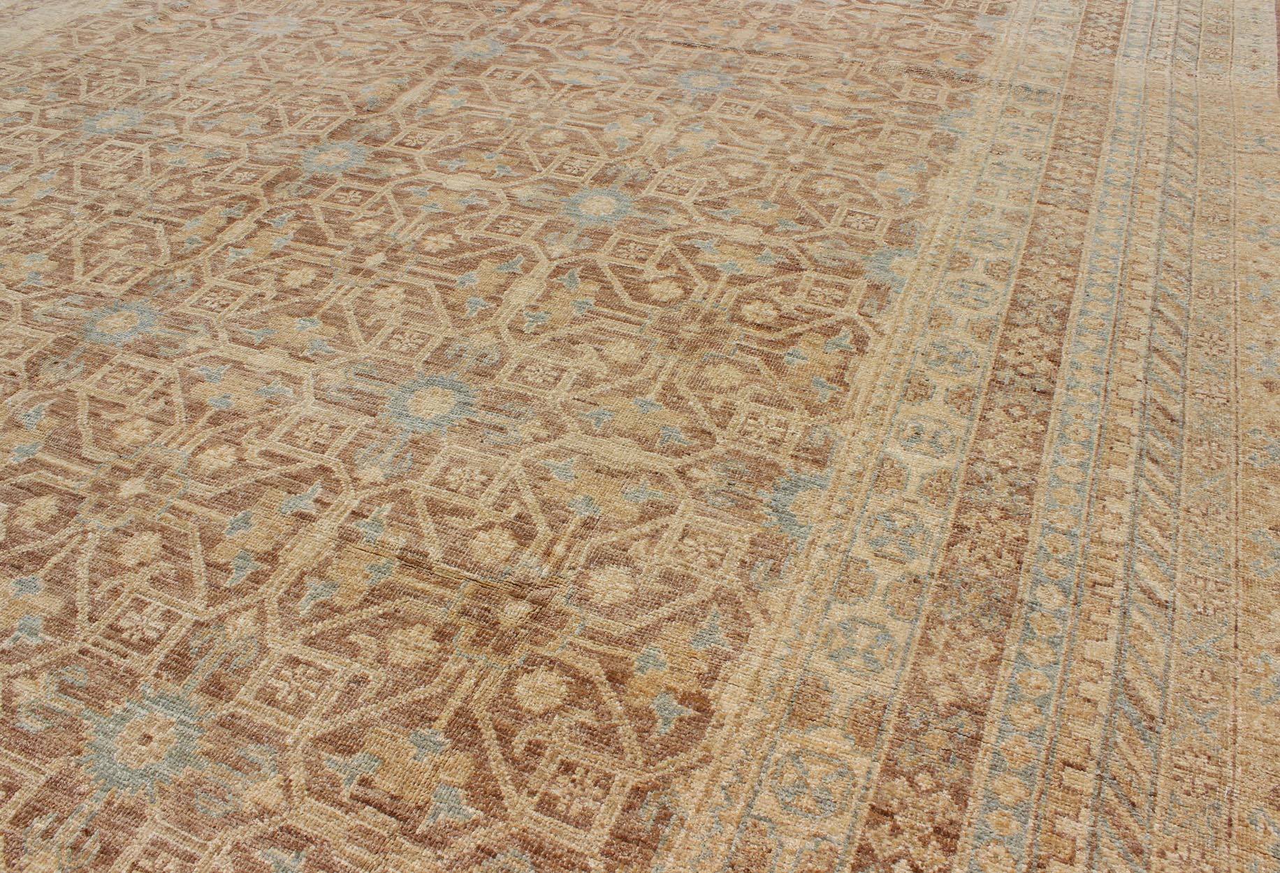 Khotan Design Rug with All - Over Geometric Pattern in Light Brown, Butter & Blue. Light Brown Background, light blue, butter accent and neutral colors Khotan design rug with geometric all over intricate Medallions, rug/MP - 1411 - 2157 country of ori... - Keivan Woven ArtsMP - 1411 - 2157 - 6125