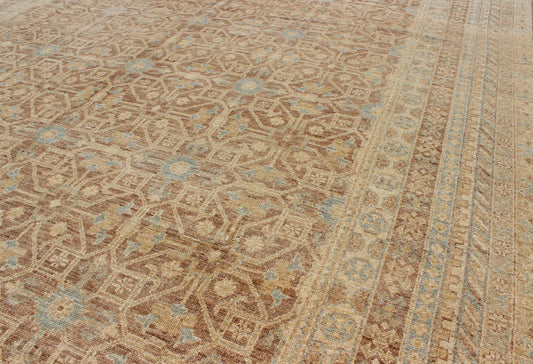 Khotan Design Rug with All - Over Geometric Pattern in Light Brown, Butter & Blue. Light Brown Background, light blue, butter accent and neutral colors Khotan design rug with geometric all over intricate Medallions, rug/MP - 1411 - 2157 country of ori... - Keivan Woven ArtsMP - 1411 - 2157 - 6125