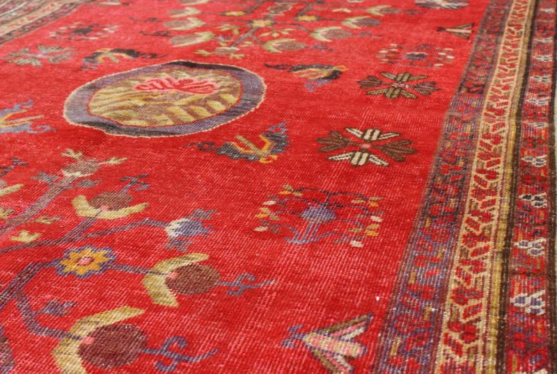 Vibrant Khotan Rug in Red with All - Over Sub - Geometric Floral Design. Measures: 4'1'' x 8'6''. This attractive antique Khotan rug is a spectacular testament to the complexity of Turkestan design. The red of the central field plays host to a st... - Keivan Woven ArtsMP - 1610 - 157698 - 7885Rug