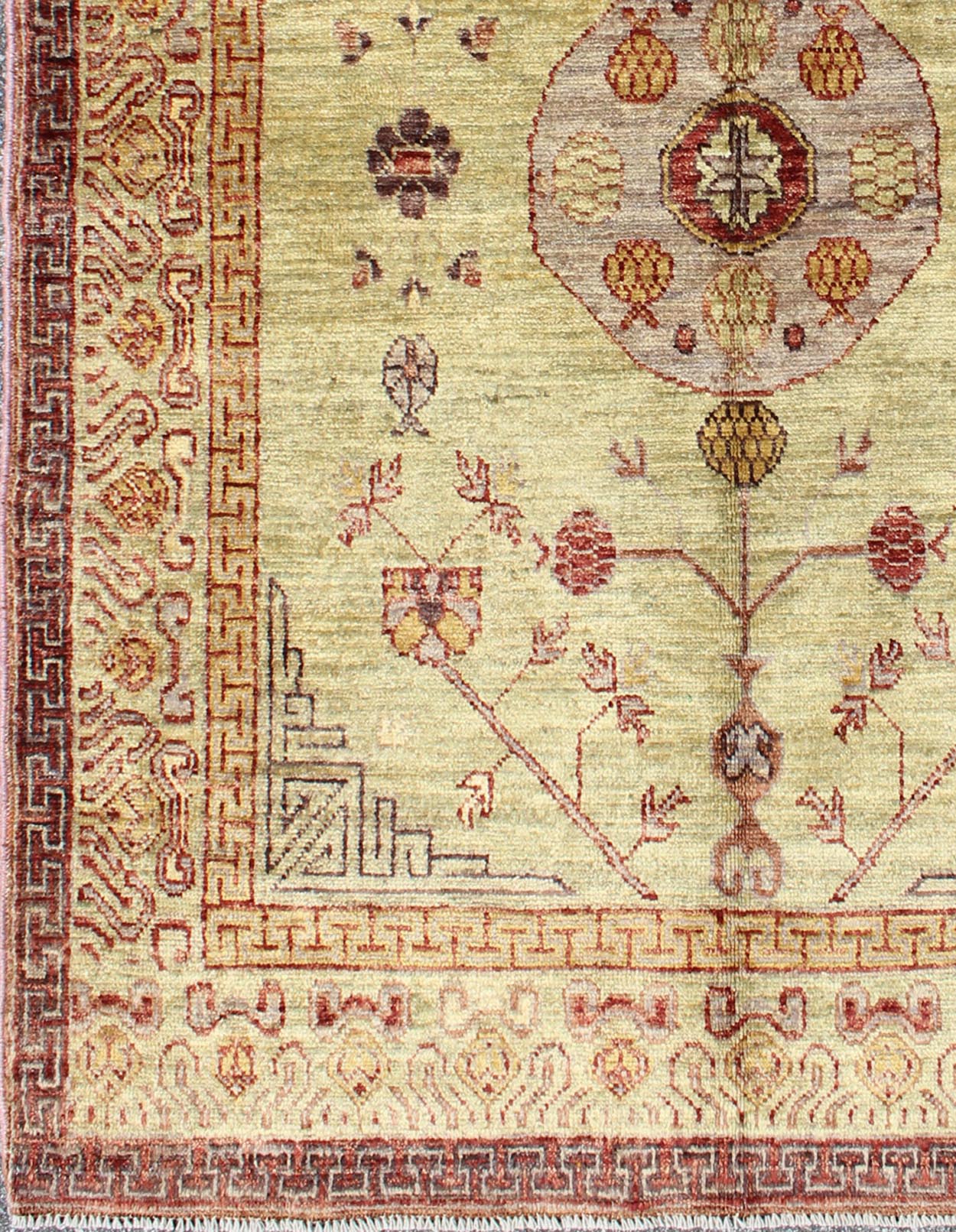 Vintage Khotan Design Rug with Circular Medallion on Light Pistachio Green, rug MP - 864, country of origin / type: Afghanistan / Khotan This Khotan features a circular medallion flanked by Greek key and repeating pattern in the border. The entire... - Keivan Woven ArtsMP - 864 - 2380Rug