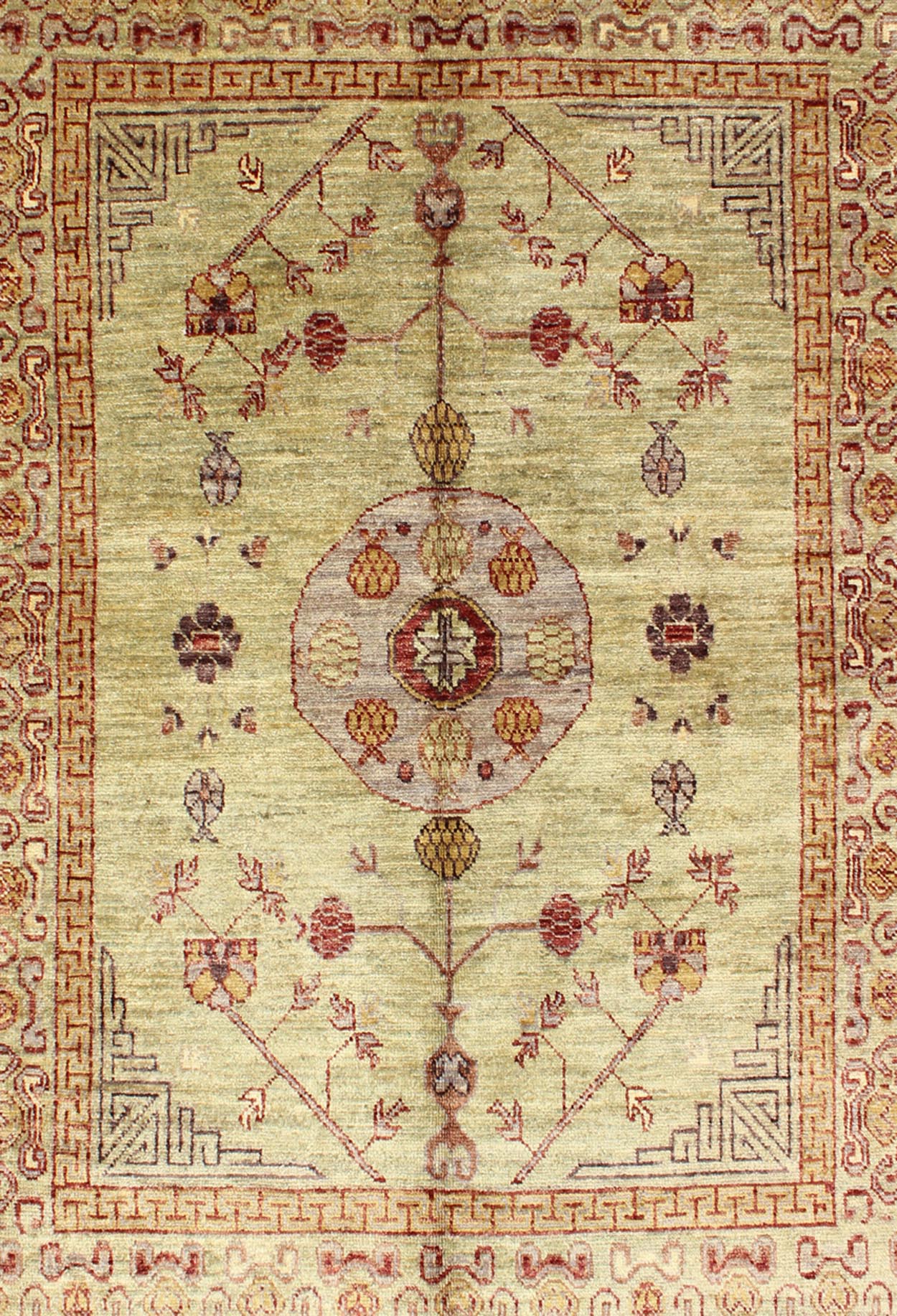 Vintage Khotan Design Rug with Circular Medallion on Light Pistachio Green, rug MP - 864, country of origin / type: Afghanistan / Khotan This Khotan features a circular medallion flanked by Greek key and repeating pattern in the border. The entire... - Keivan Woven ArtsMP - 864 - 2380Rug