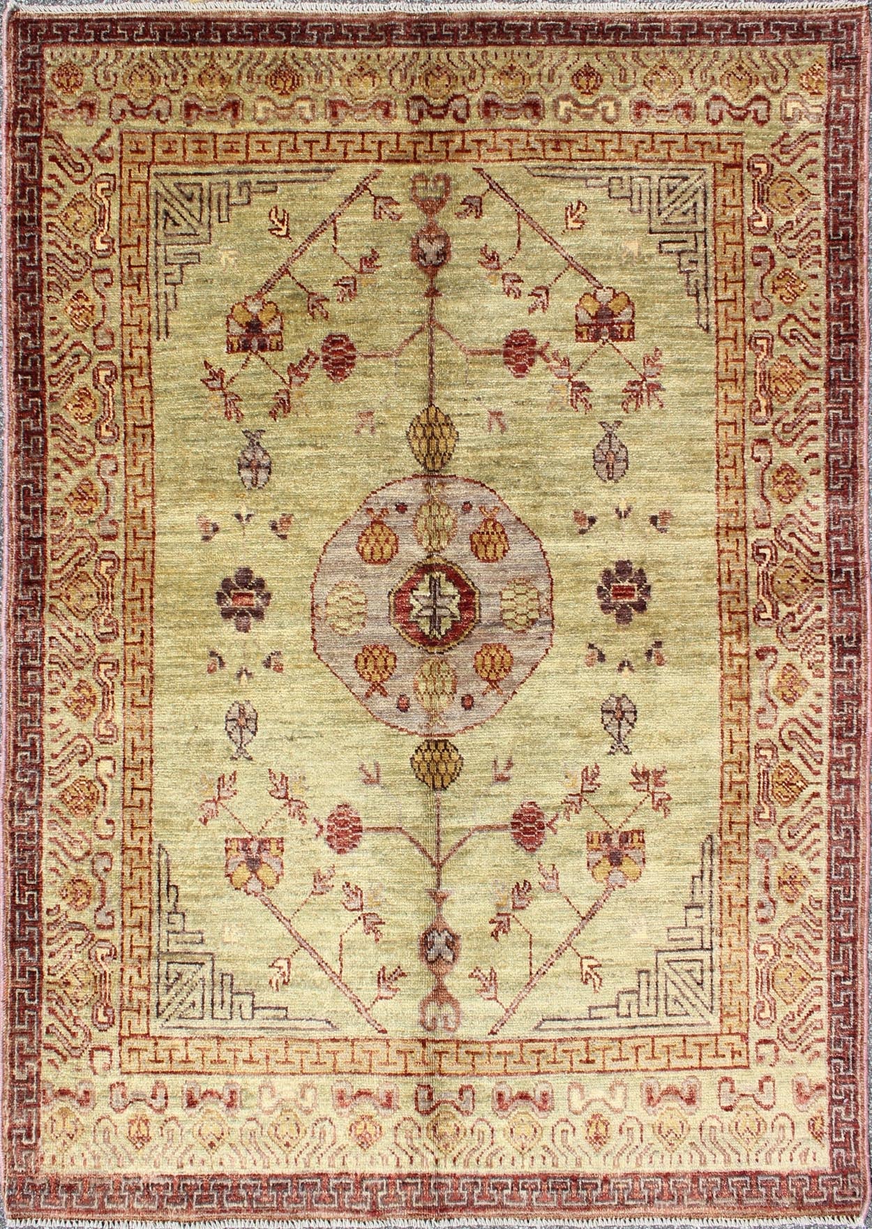 Vintage Khotan Design Rug with Circular Medallion on Light Pistachio Green, rug MP - 864, country of origin / type: Afghanistan / Khotan This Khotan features a circular medallion flanked by Greek key and repeating pattern in the border. The entire... - Keivan Woven ArtsMP - 864 - 2380Rug