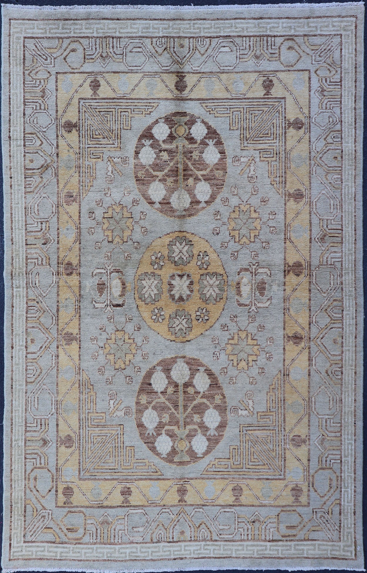 Vintage Khotan Design Rug with Three Medallion Pattern in Light Blue - Green Light Khotan rug with Circular Medallions in Light Blues - Green, Brown, Yellow and cream , rug MP - 865, country of origin / type: Afghanistan / Khotan This Khotan feat... - Keivan Woven ArtsMP - 865 - 2384Rug