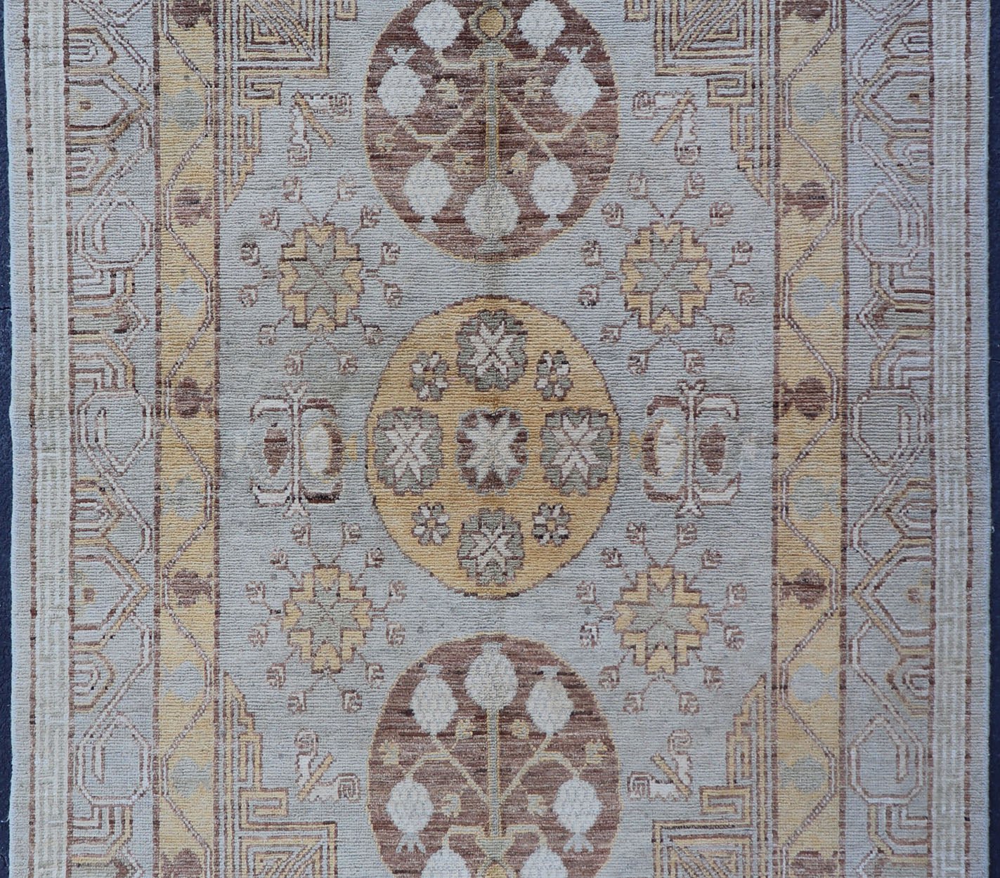 Vintage Khotan Design Rug with Three Medallion Pattern in Light Blue - Green Light Khotan rug with Circular Medallions in Light Blues - Green, Brown, Yellow and cream , rug MP - 865, country of origin / type: Afghanistan / Khotan This Khotan feat... - Keivan Woven ArtsMP - 865 - 2384Rug