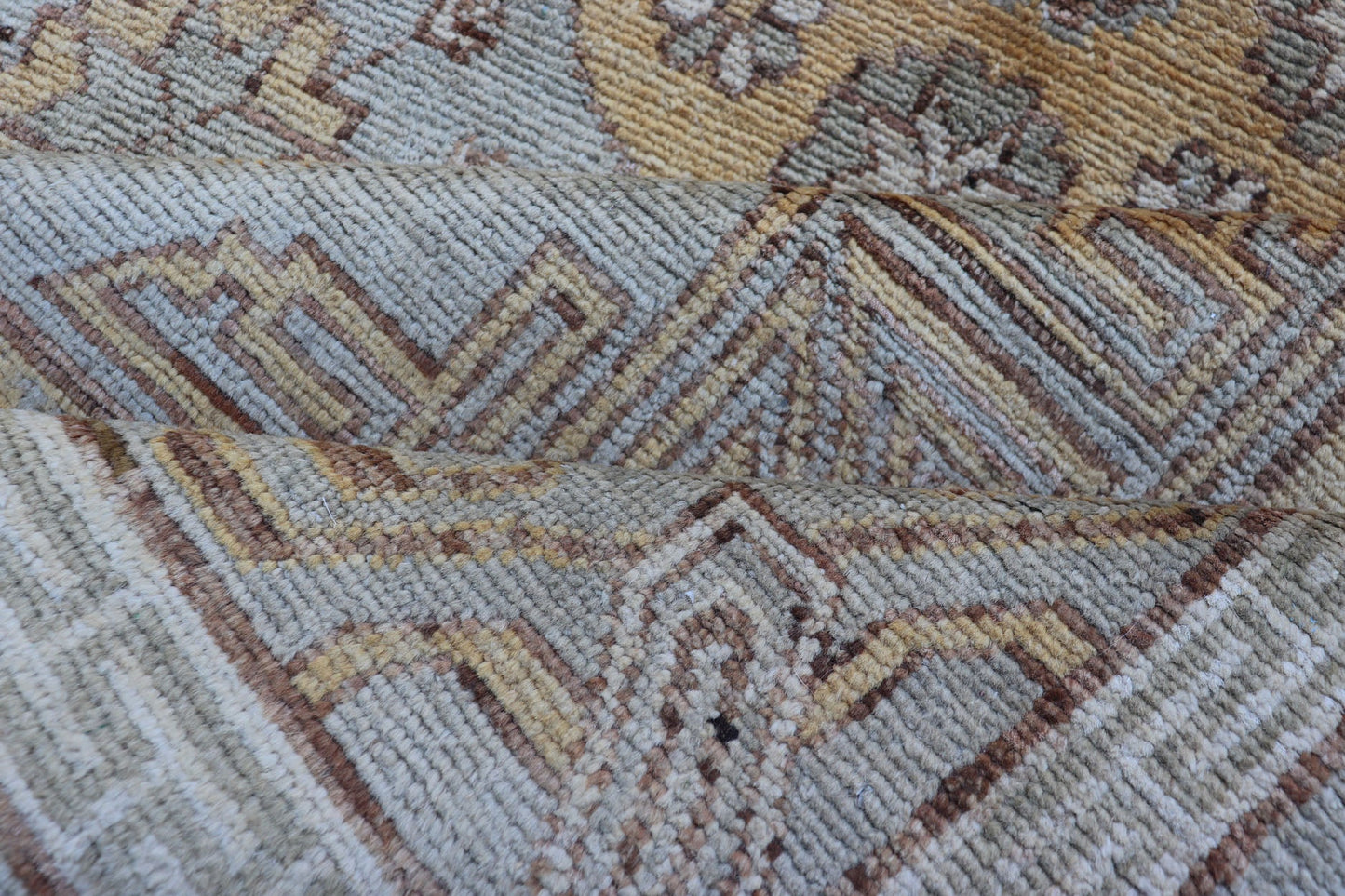 Vintage Khotan Design Rug with Three Medallion Pattern in Light Blue - Green Light Khotan rug with Circular Medallions in Light Blues - Green, Brown, Yellow and cream , rug MP - 865, country of origin / type: Afghanistan / Khotan This Khotan feat... - Keivan Woven ArtsMP - 865 - 2384Rug