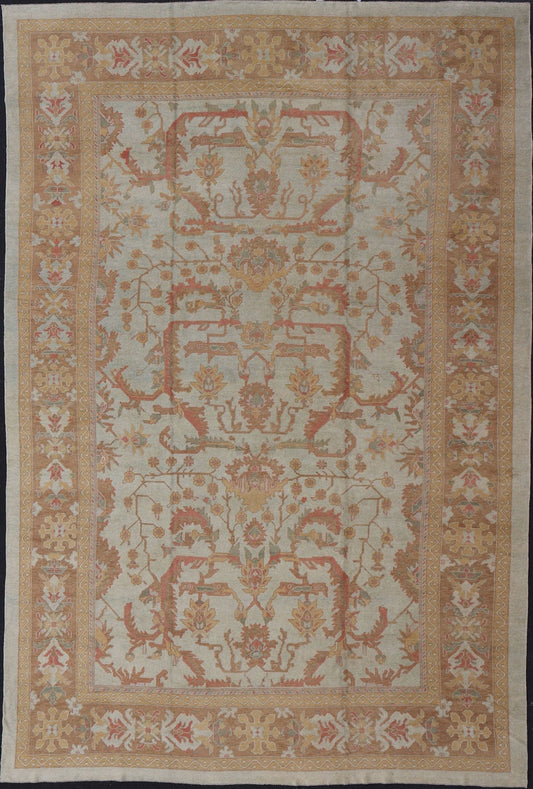 Large Turkish Oushak Rug with Silver Color Background, Brown, Soft Red, Yellow Measures 13'0 x 19'6 This Oushak rug was hand knotted in Turkey. This woven art boasts a unique color palette, featuring silver tone background, cream light... - Keivan Woven ArtsMSD - 1333 - 4272