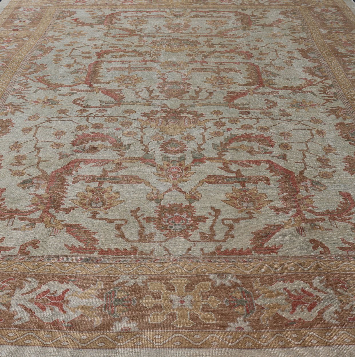 Large Turkish Oushak Rug with Silver Color Background, Brown, Soft Red, Yellow Measures 13'0 x 19'6 This Oushak rug was hand knotted in Turkey. This woven art boasts a unique color palette, featuring silver tone background, cream light... - Keivan Woven ArtsMSD - 1333 - 4272Rug