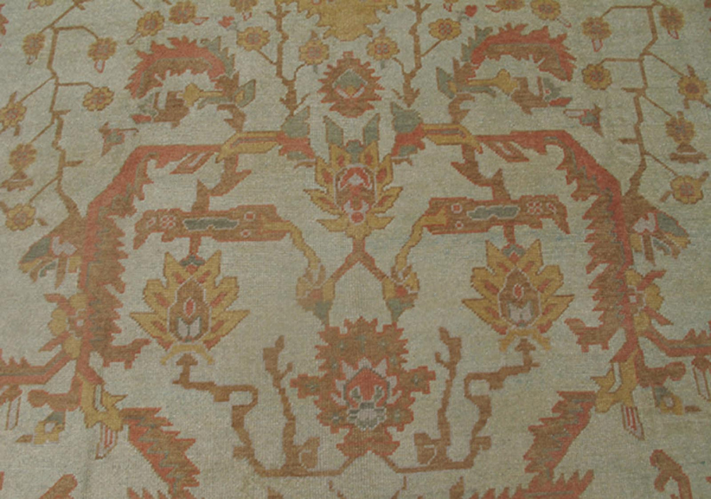Large Turkish Oushak Rug with Silver Color Background, Brown, Soft Red, Yellow Measures 13'0 x 19'6 This Oushak rug was hand knotted in Turkey. This woven art boasts a unique color palette, featuring silver tone background, cream light... - Keivan Woven ArtsMSD - 1333 - 4272Rug