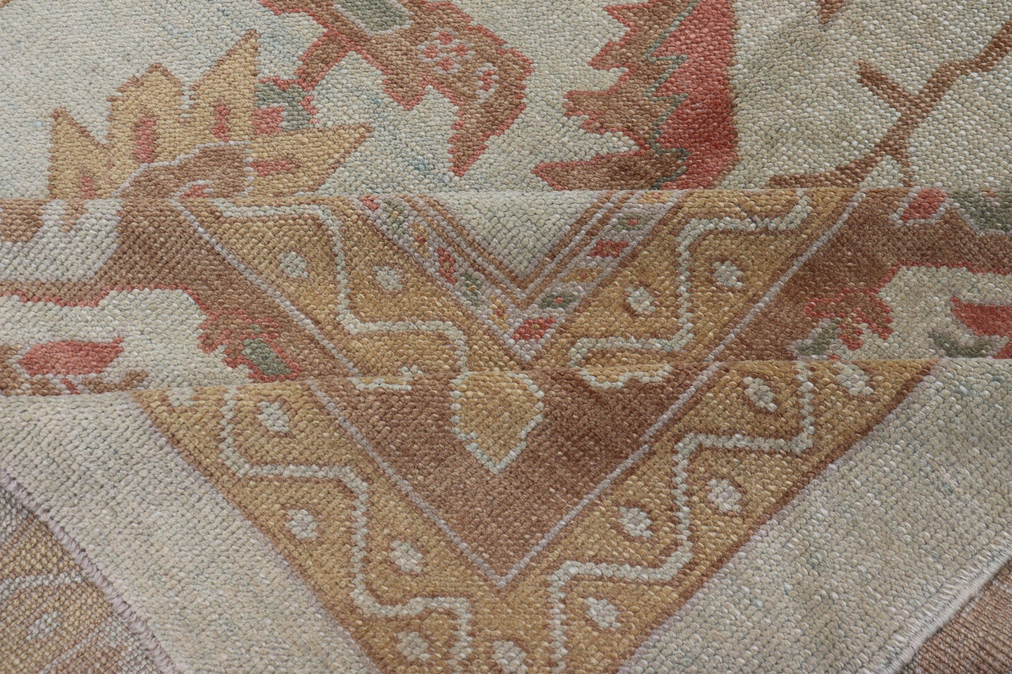 Large Turkish Oushak Rug with Silver Color Background, Brown, Soft Red, Yellow Measures 13'0 x 19'6 This Oushak rug was hand knotted in Turkey. This woven art boasts a unique color palette, featuring silver tone background, cream light... - Keivan Woven ArtsMSD - 1333 - 4272Rug
