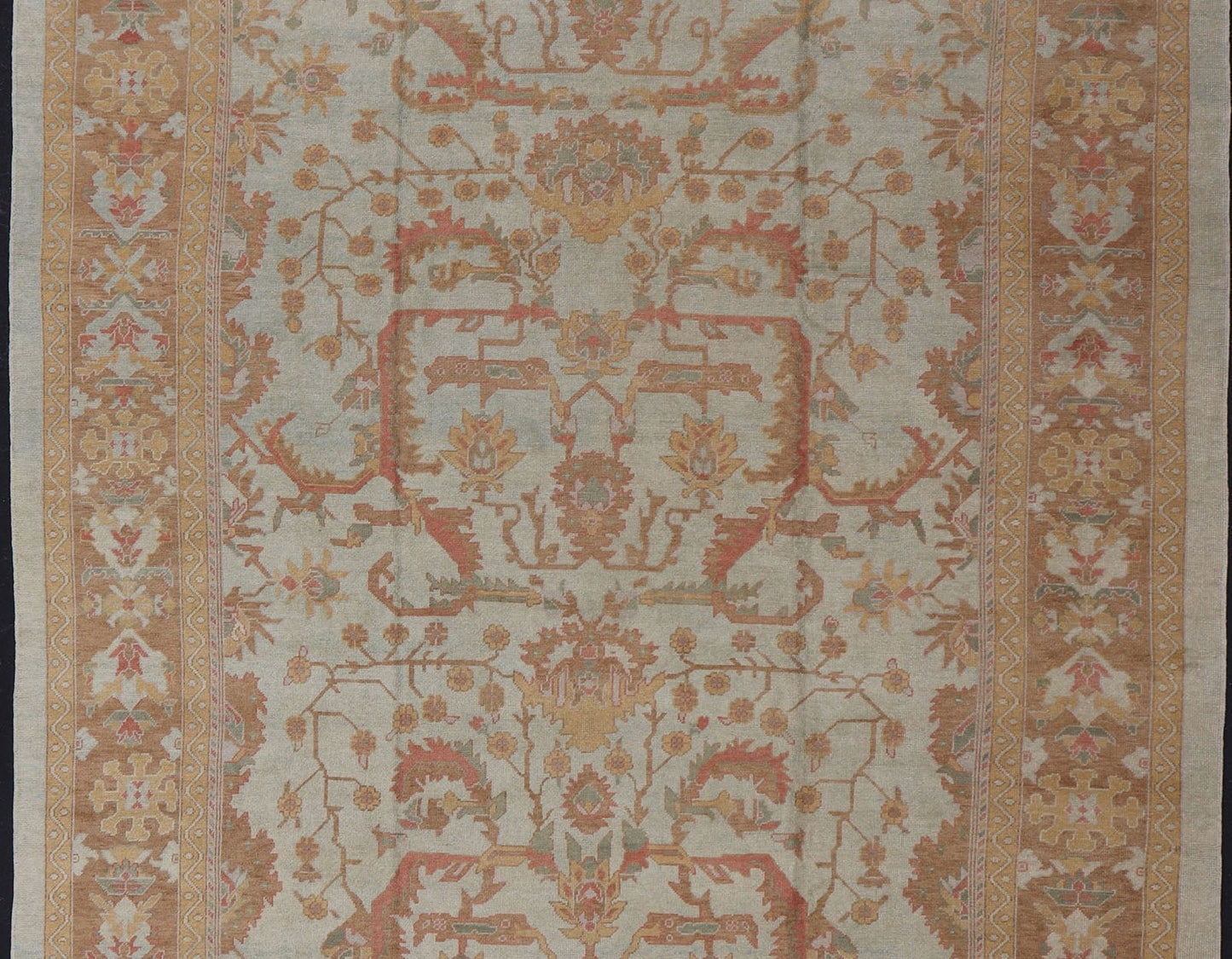 Large Turkish Oushak Rug with Silver Color Background, Brown, Soft Red, Yellow Measures 13'0 x 19'6 This Oushak rug was hand knotted in Turkey. This woven art boasts a unique color palette, featuring silver tone background, cream light... - Keivan Woven ArtsMSD - 1333 - 4272Rug