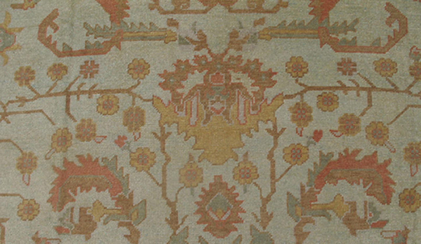 Large Turkish Oushak Rug with Silver Color Background, Brown, Soft Red, Yellow Measures 13'0 x 19'6 This Oushak rug was hand knotted in Turkey. This woven art boasts a unique color palette, featuring silver tone background, cream light... - Keivan Woven ArtsMSD - 1333 - 4272Rug