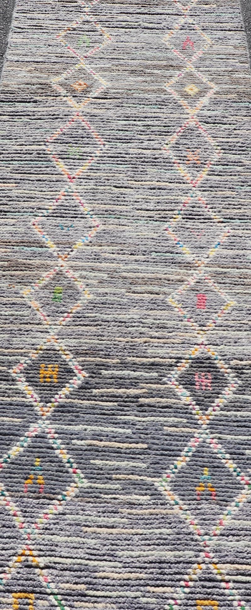Modern Moroccan Tribal Designed Runner in Pastels Colors On A Grey Ground. Keivan Woven Arts; rug MSE - 12807 Country of Origin: Afghanistan Type: Modern Casual Design: All - Over, Tribal, Sub - Geometric. Measures: 2'5 x 8'4 This Moroccan beautiful ... - Keivan Woven ArtsMSE - 12807 - 25461Rug