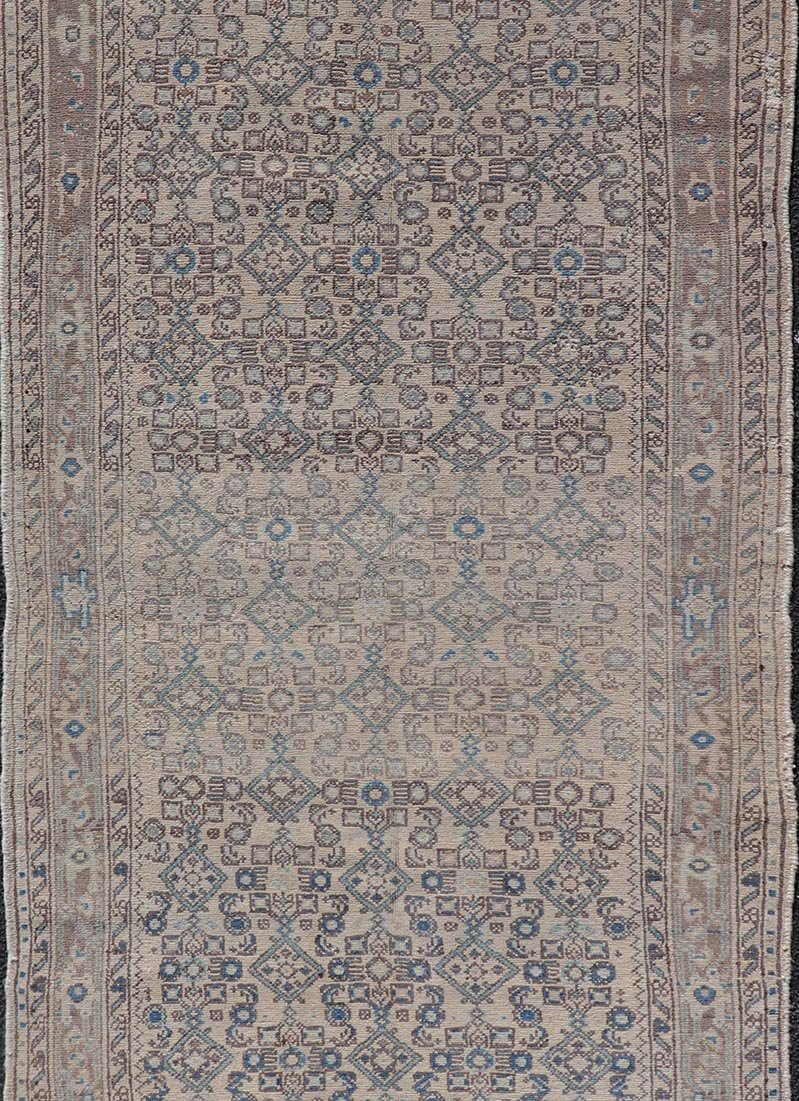 Vintage Persian Hamadan Runner in Cool Tones of Light Blue, Ivory, and L. Brown. Country of Origin: Iran; Type: Hamedan; Design: Floral, Persian Floral, All - Over; Keivan Woven Arts: rug MSE - 1944. Measures: 3'7 x 9'8 This vintage Persian runner f... - Keivan Woven ArtsMSE - 1944 - 25581Rug