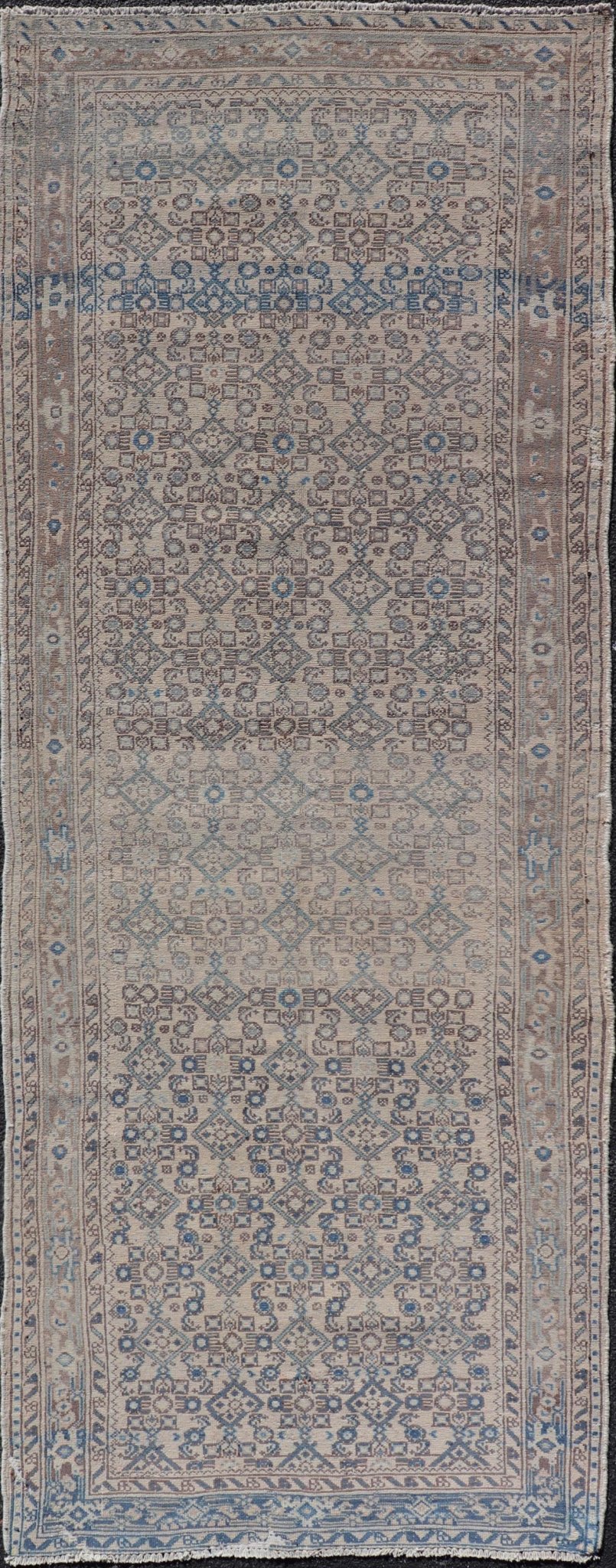 Vintage Persian Hamadan Runner in Cool Tones of Light Blue, Ivory, and L. Brown. Country of Origin: Iran; Type: Hamedan; Design: Floral, Persian Floral, All - Over; Keivan Woven Arts: rug MSE - 1944. Measures: 3'7 x 9'8 This vintage Persian runner f... - Keivan Woven ArtsMSE - 1944 - 25581Rug